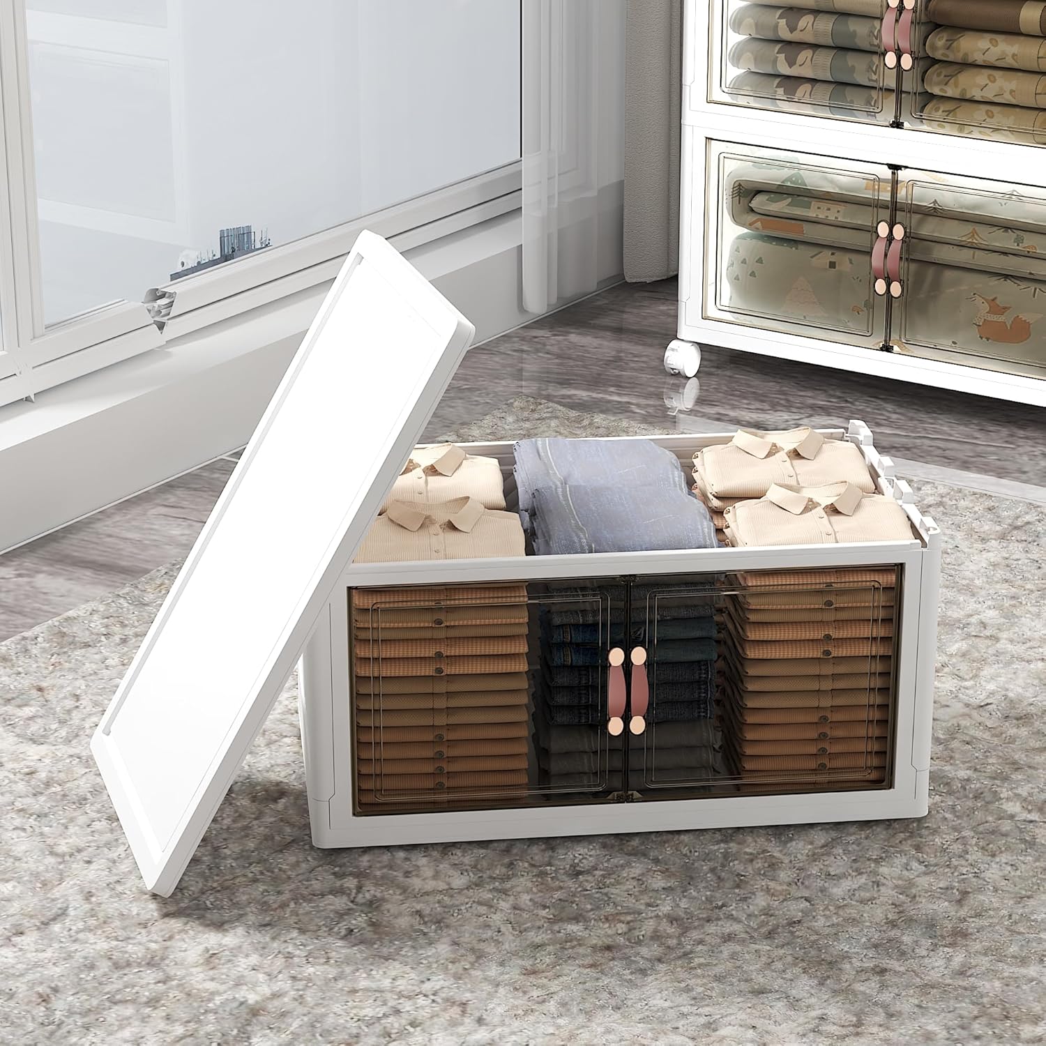 Extra Large Stackable Storage Bins with Lids & Wheels & Door, 448QT-112QT/28GAL*4Pack Foldable Collapsible Closet Organizers, Plastic containers drawers for bedroom Dorm