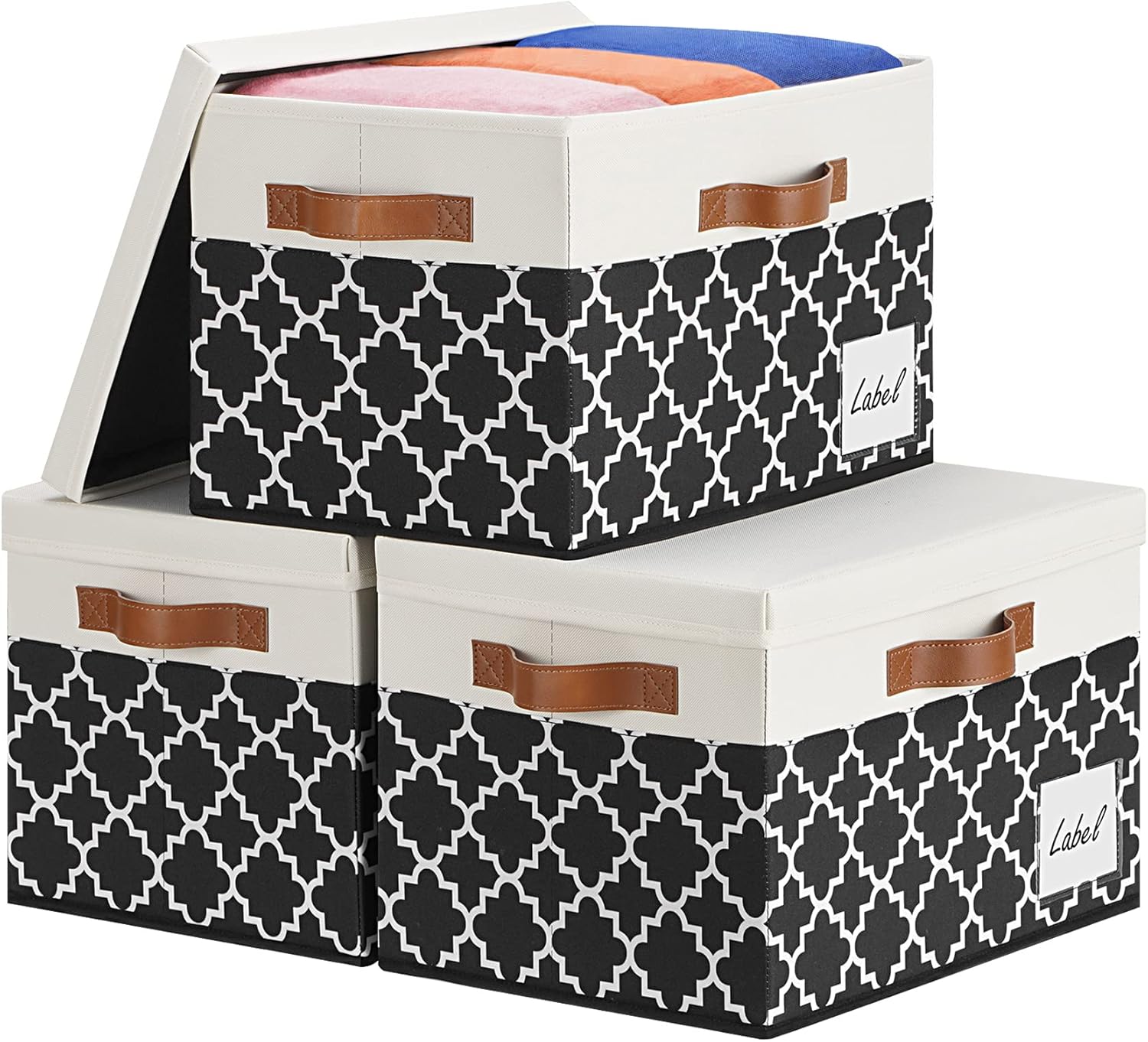 GhvyenntteS Extra Large Storage Bins with Lids, Foldable Fabric Storage Boxes with Lids and 3 Handles, Storage Baskets with Label Window (3 Pack, White&Lattice Black, 15.75x11.8x10.2)