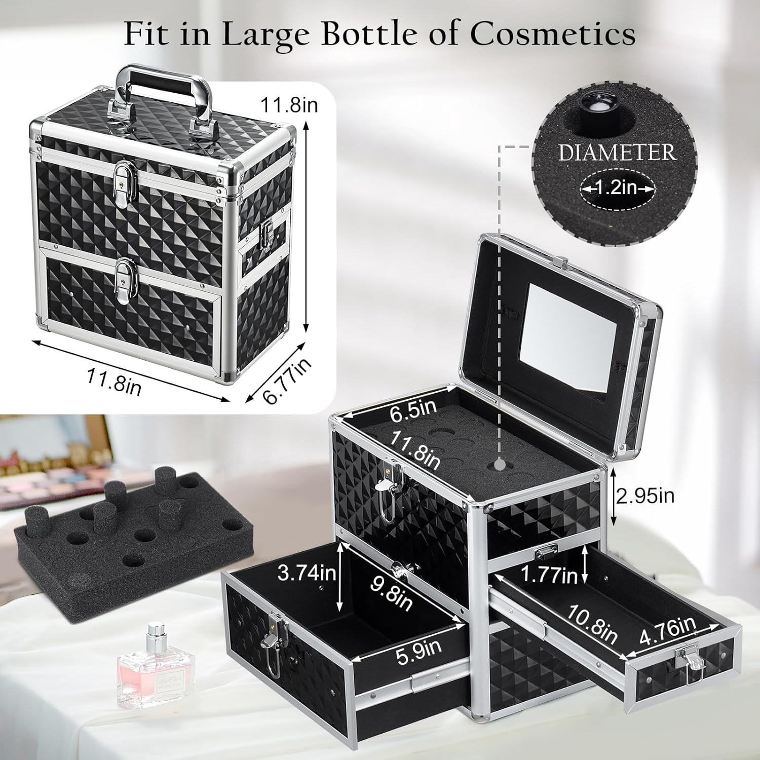 Frenessa Nail Polish Makeup Train Case with Drawer and Dividers Manicure Organizer Accessory Storage Makeup Box With Mirror Lockable Keys Nail Kit Organizer Cosmetic Case Jewelry Box - Black