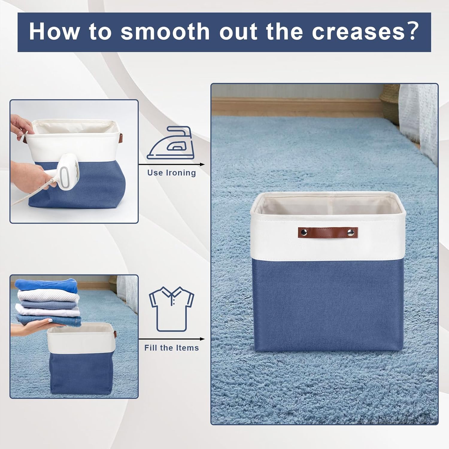 13x13 Cube Storage Bins, Collapsible Fabric Storage Box, 4 Pack Closet Baskets with Handles for Organizing, Shelf, Toys, Clothes, Home, Office, Nursery (NavyBlue&White)