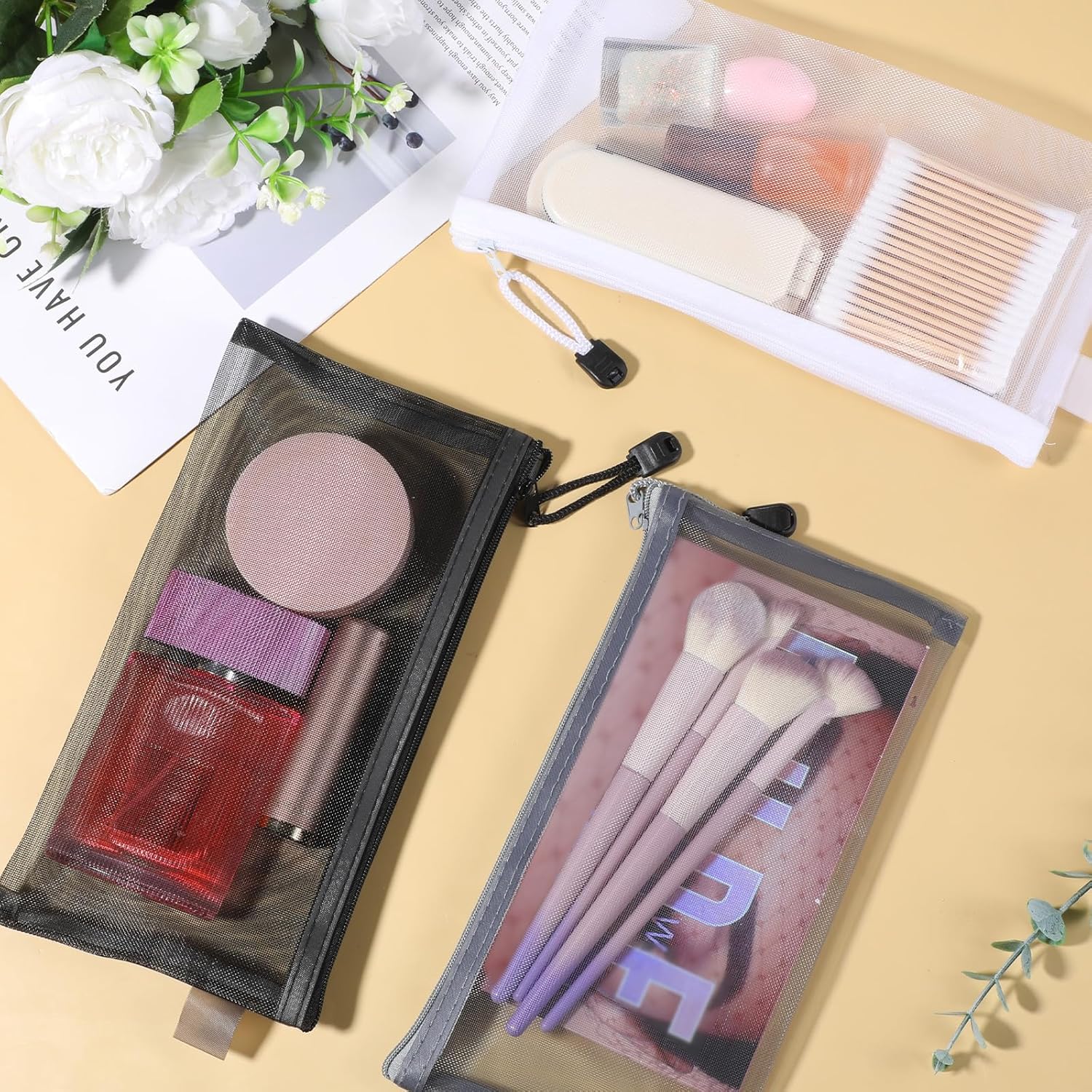 6 PCS Mesh Zipper Makeup Pouch Bags, Nylon Mesh Zipper Cosmetic Bags, Portable Travel Makeup Brush Pouches for Purse Toiletry Bag Organizer Case Diaper (Black, White, Gray)