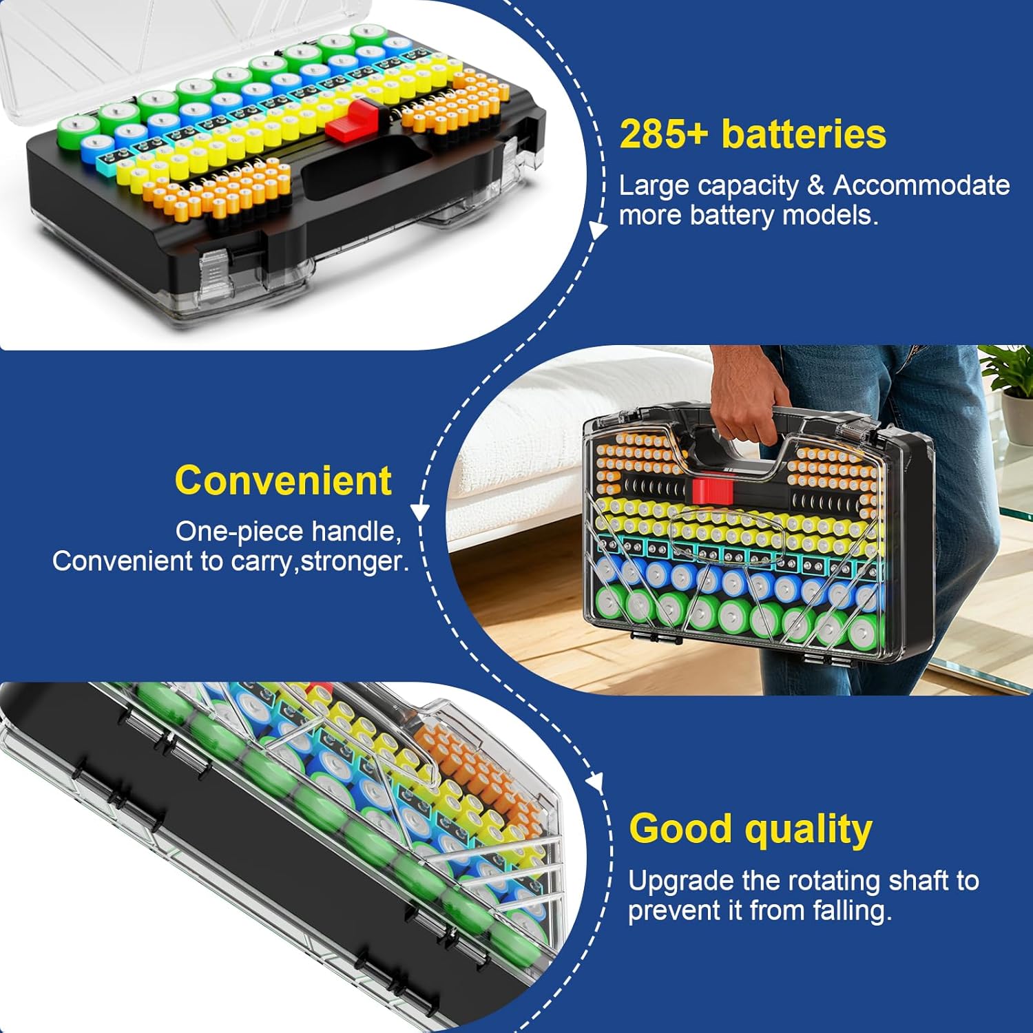 Battery Organizer Storage Holder Box Case with Tester, New Ultra-Large 285+Batteries Double-Sided Variety Pack, Holds AA AAA 4A C D Button Cell 9V 3V CR123 CR1632 LR44 Lithium18650 CR2 Black