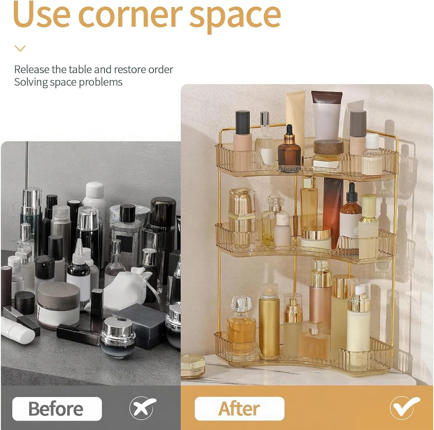 Corner Bathroom Countertop Organizer, Vanity Organizer Trays for Counter, Makeup Organizers, Perfume Tray, Skincare Shelf Storage Gifts for Women Girl Student (Yellow, 3 Tiers)