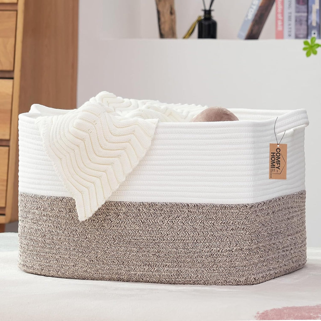 COMFY-HOMI Large Laundry for Organizing|Rectangle Cotton Rope Storage with Handles|Blanket for Living Room|Woven Laundry for Towels, Toys, Clothes-22x15x12”-White/Brown