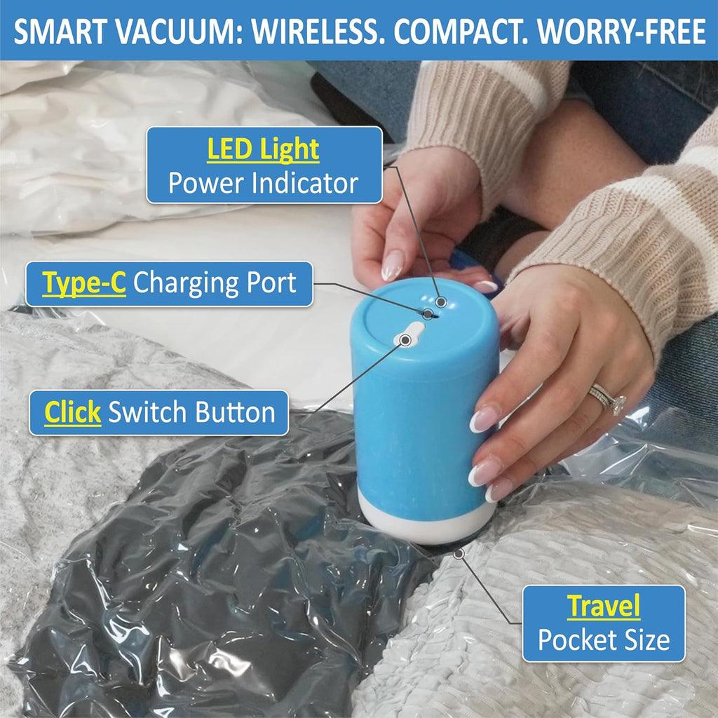 10 Pack Travel Vacuum Storage Bags with Rechargeable Wireless Electric Pump for Luggage, Suitcase, Carry-on Size Vacuum Seal Compression Space Saver Bags for Clothes and Clothing Travel