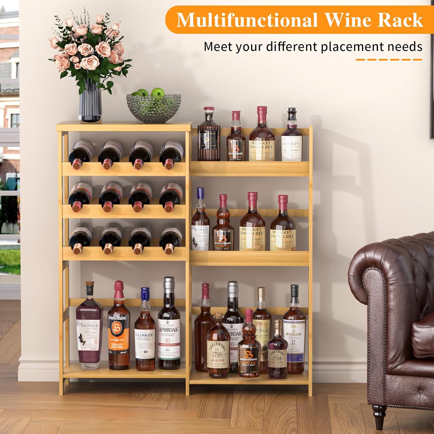 VASMIA Versatile Liquor Stand for Home Bar, Wine Rack Freestanding Floor, Mini Bar Table with Bamboo Trapezoidal Liquor Bottle Display Shelf Cabinet for Living Room, Natural