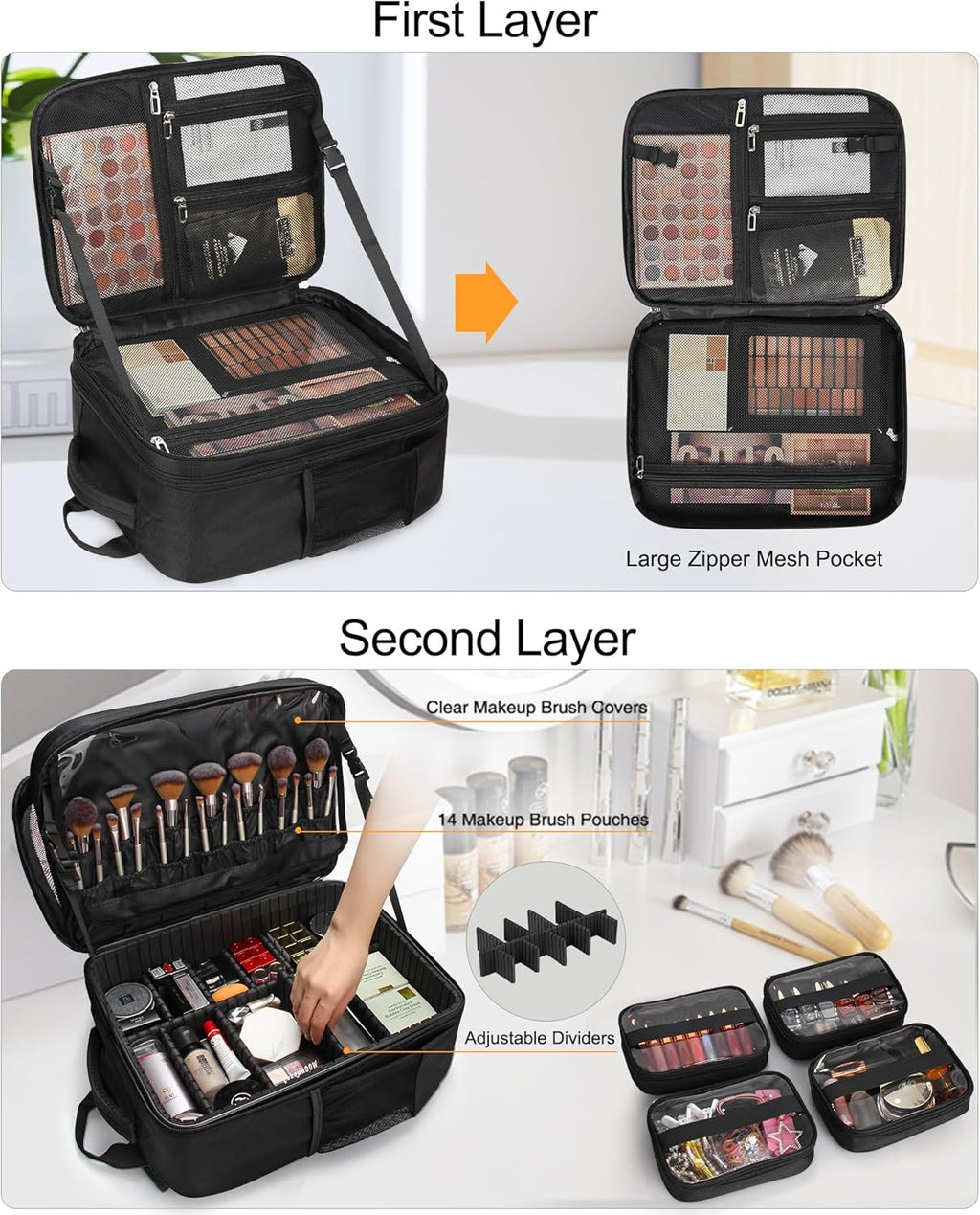TANTO Makeup Backpack Extra Large Cosmetic Bags Professional Makeup Artist Bag Travel Train Case Storage Organizer Double-Layer Cosmetic Case with 4 Pouch and Brush Organizer