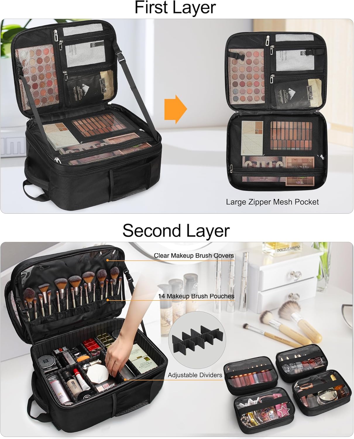 TANTO Makeup Backpack Extra Large Cosmetic Bags Professional Makeup Artist Bag Travel Train Case Storage Organizer Double-Layer Cosmetic Case with 4 Pouch and Brush Organizer