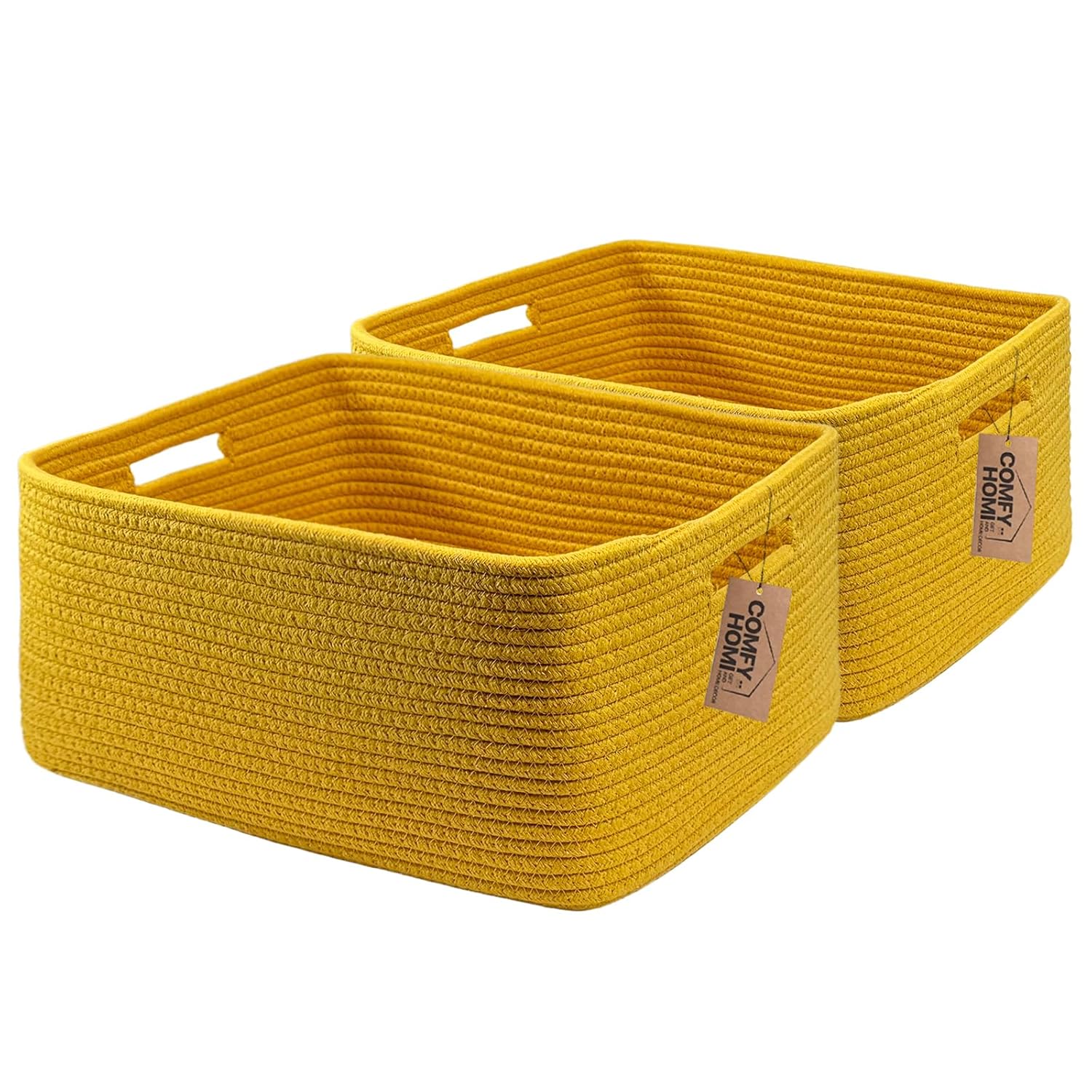 COMFY-HOMI 2 pcs Large Storage Baskets for Shelves, Laundry Basket, Woven Rope Basket, Closet Organizer Bins for Clothes Blanket Towels, Baby Nursery, Gift Toy Baskets, 17” x 13” x 7.5”-Yellow