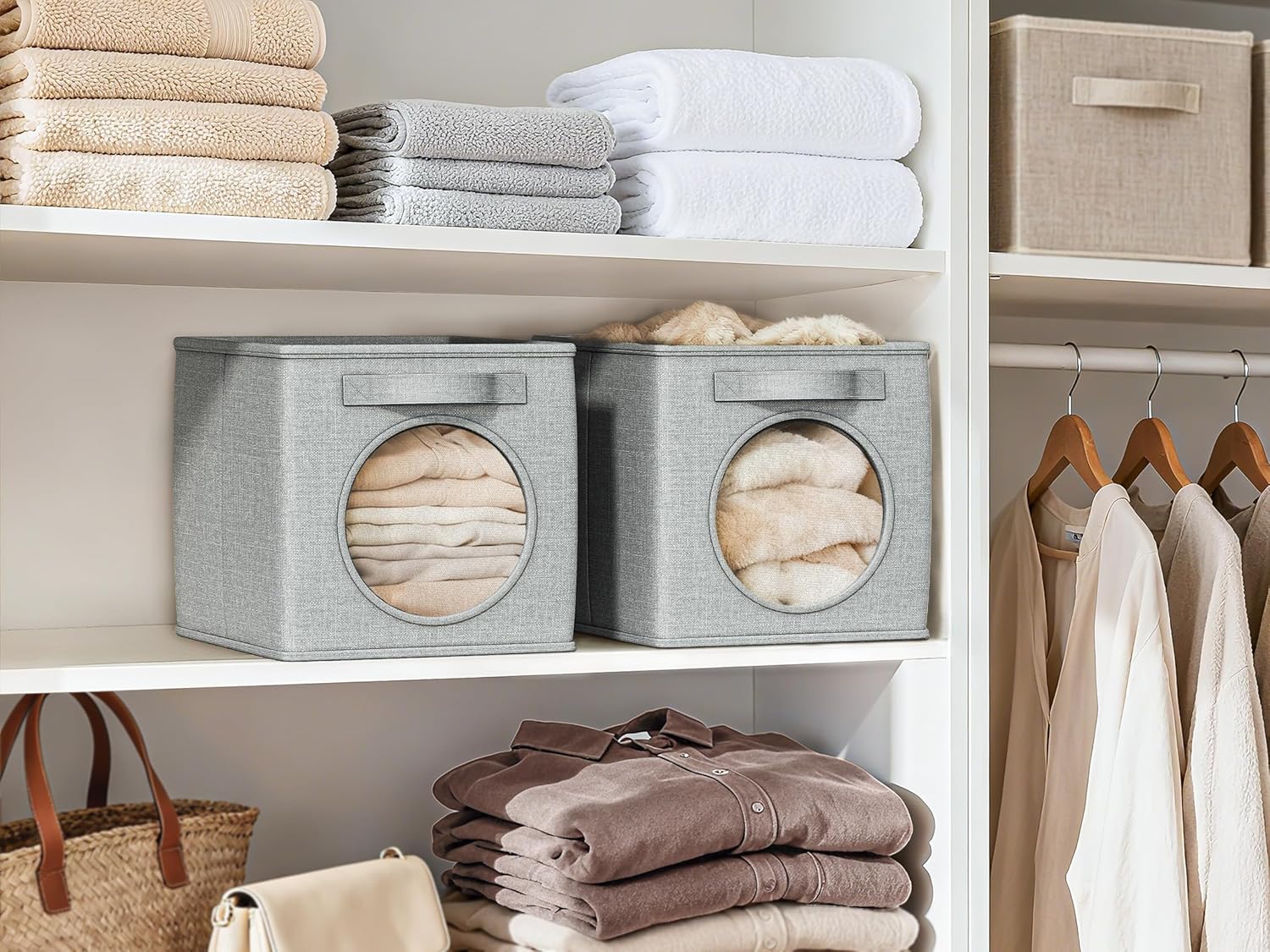 Vailando Foldable Fabric Storage Cube with Round Window - 4 Pack 11"x11"x11" Collapsible Closet Organizer Bins for Clothes, Shelves, Offices, Toys & Misc, Light Gray