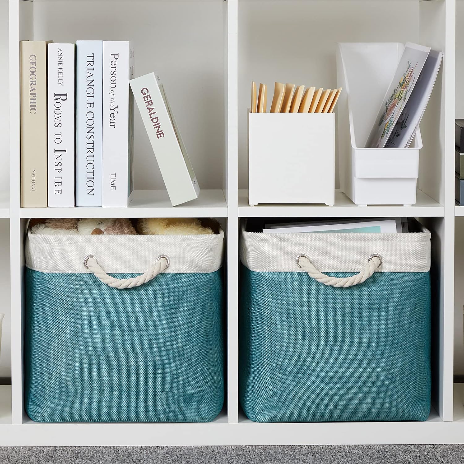 Bidtakay Foldable Storage Bins Set of 2 Tall Cloth Baskets 16" X 11.8" X 11.8" Decorative Organizers for Linen Closet (White & Teal)