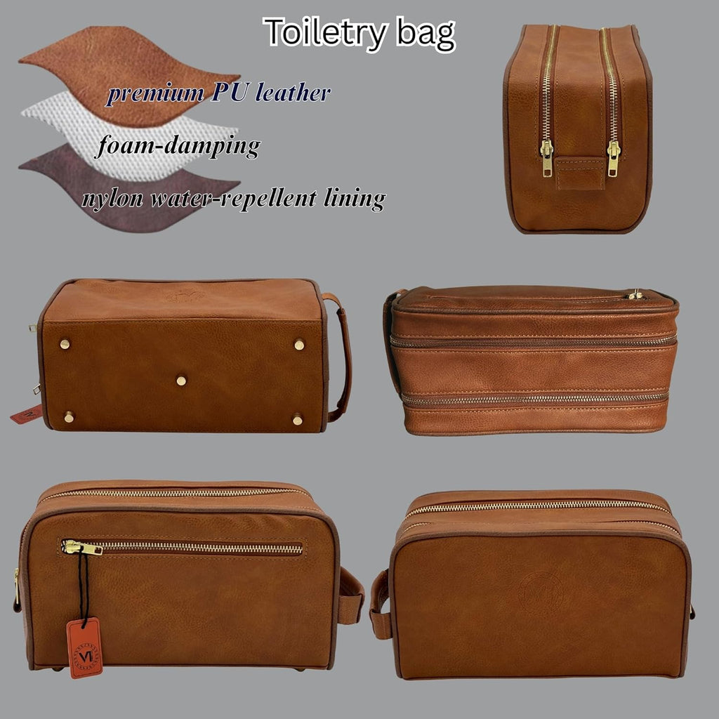 Dopp Gift Large Travel Toiletry Bag Premium Quality PU Leather Two compartments YKK Zippers Water-resistant Bottom Studs Mesh Pockets Durable Cosmetic Organizer CARAMEL LIGHT BROWN