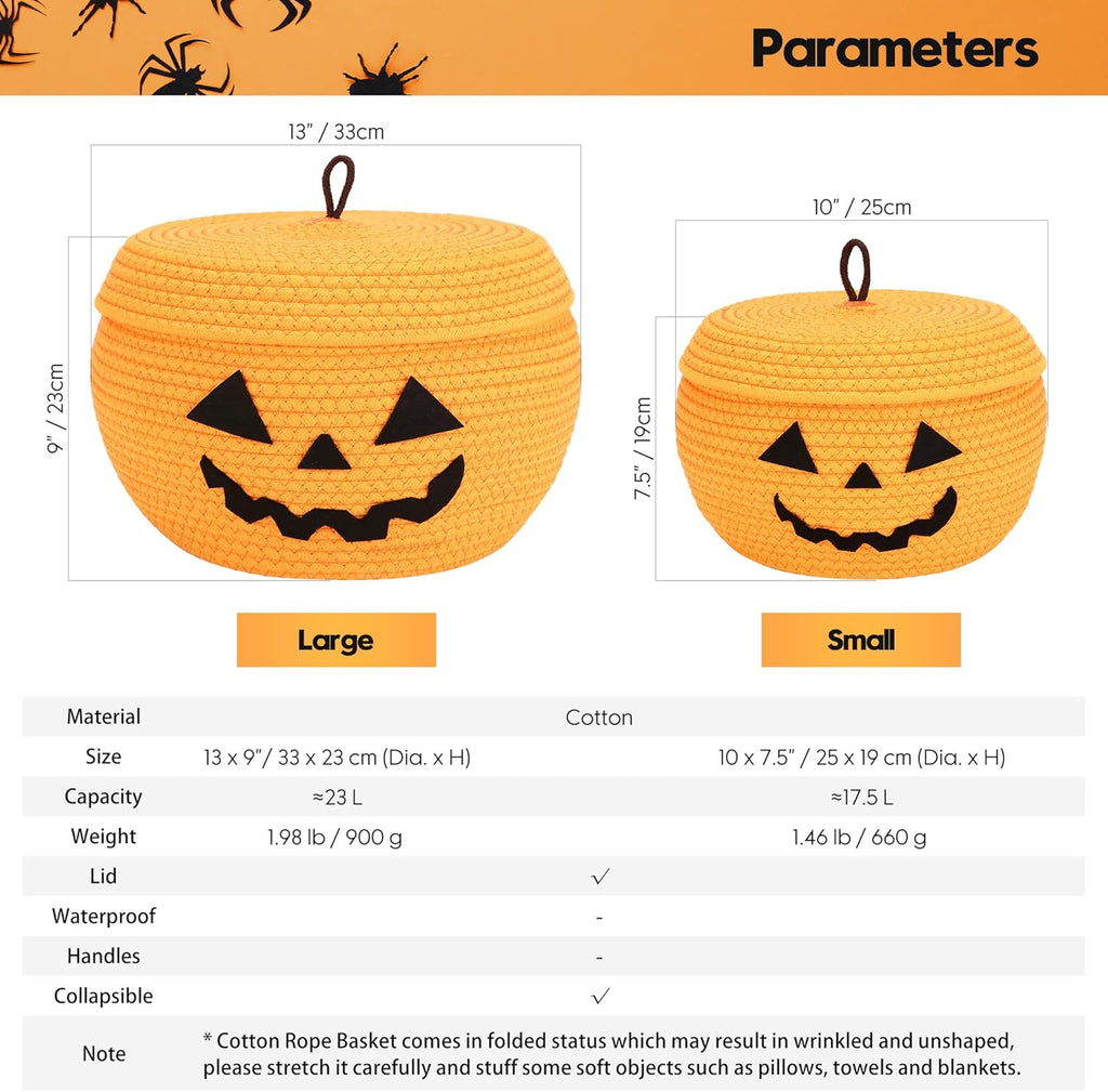 Sea Team Round Cotton Rope Storage Basket with Lid, Halloween Pumpkin Woven Storage Bin, Pot, Caddy, Organizer, Container for Snacks, Towels, Plants, 10 x 7.5 Inches (Small, Orange)