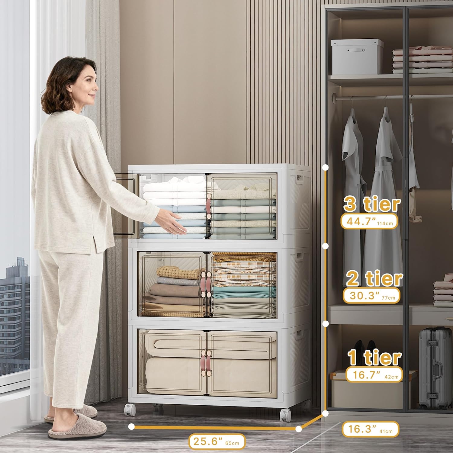 Extra Large Stackable Storage Bins with Lids & Wheels & Door, 336QT-112QT/28GAL*3Pack Foldable Collapsible Closet Organizers, Plastic containers drawers for bedroom Dorm