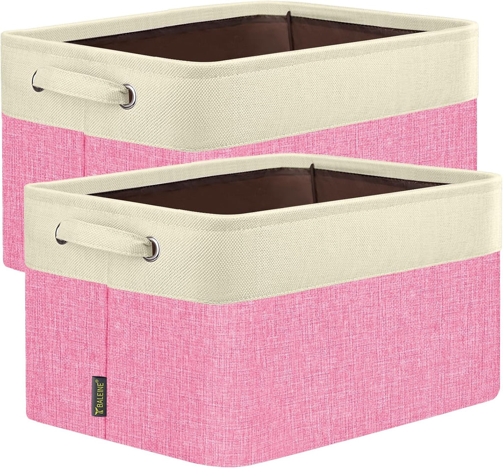 BALEINE 2 Pack Fabric Storage Bins for Shelves, Linen Storage Baskets for Organizing, Decorative Closet Bins for Clothes, Home (Pink, 17''x13''x10.5'')