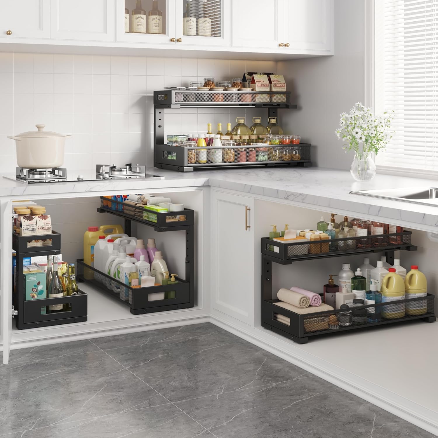 1 Pack 20.47IN Depth Under Sink Storage Organizer, Large 2-Tier Elegant Mesh Pull Out Shelf for Kitchen and Bathroom Cabinet Organization, L-Shaped and Adjustable Height Design-Black