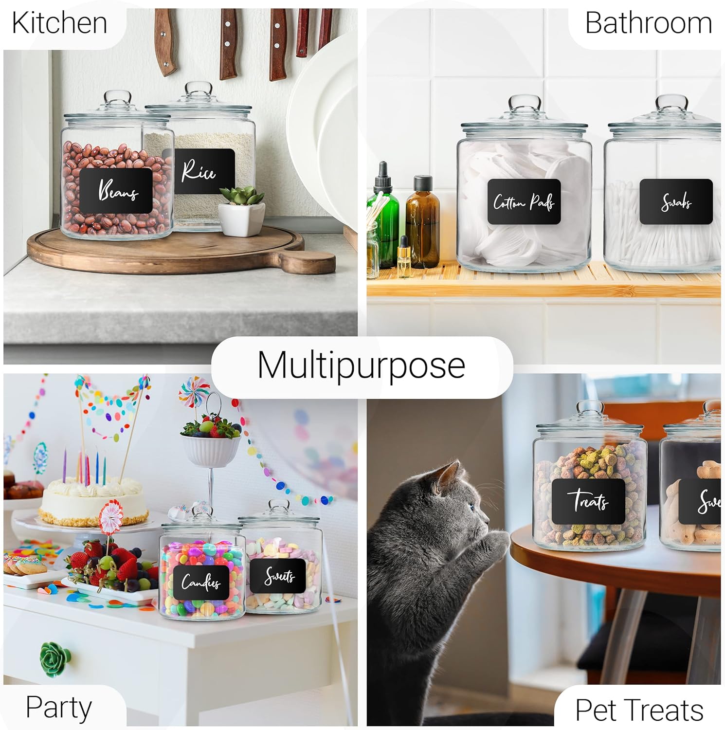 1 Gallon Glass Cookie Jars + Labels & Marker - Set of 2 Canister Sets for Kitchen Counter with Airtight Lids, Sugar Packet Holders Food Storage Containers with Lids Airtight for Pantry, Flour, Sugar.