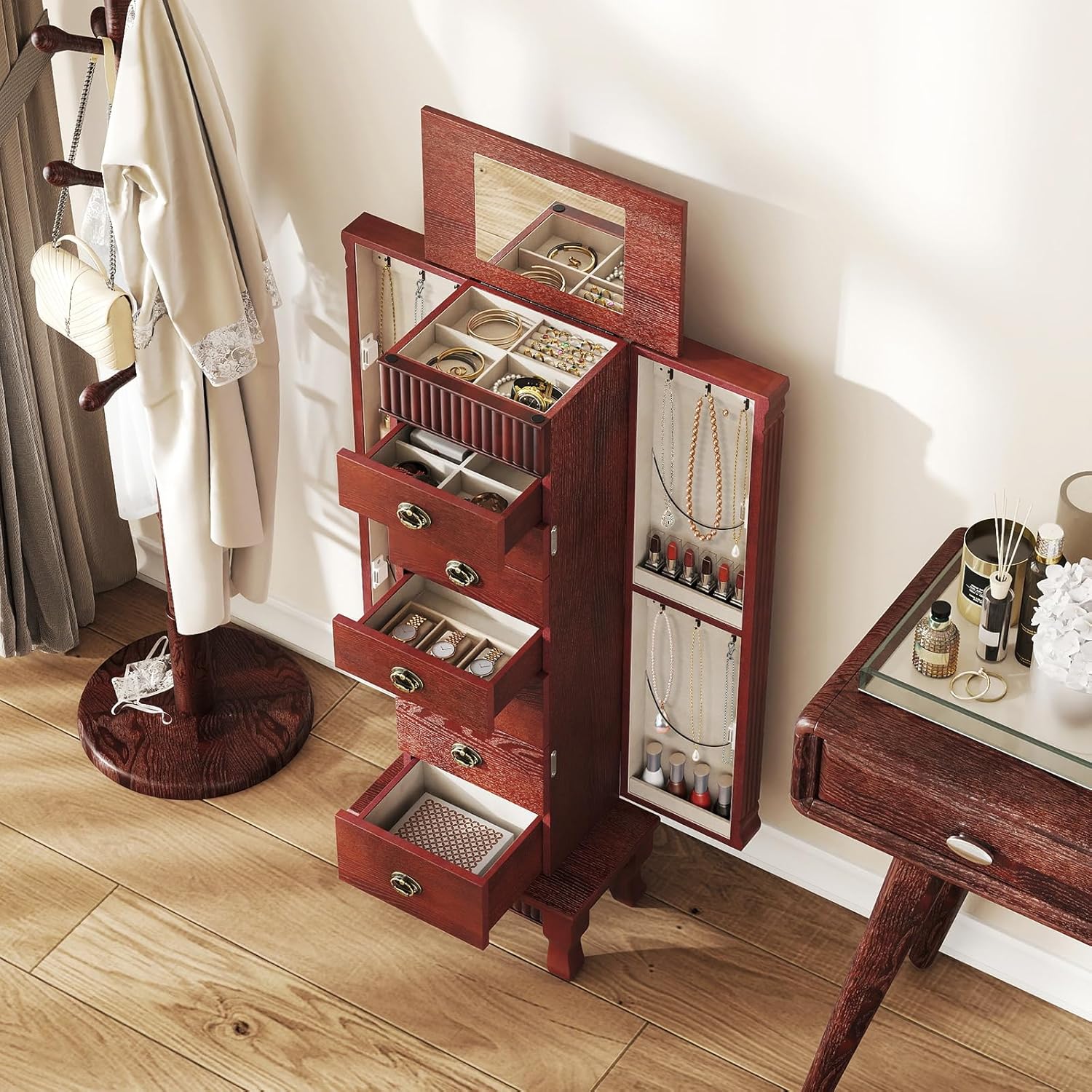 Giantex Standing Jewelry Cabinet with 7 Drawers, Flip-Top Mirror, 2 Side Doors with 12 Necklace Hooks, Divided Ring Compartments, Velvet-Lined Jewelry Armoire Organizer Chest (Cherry)