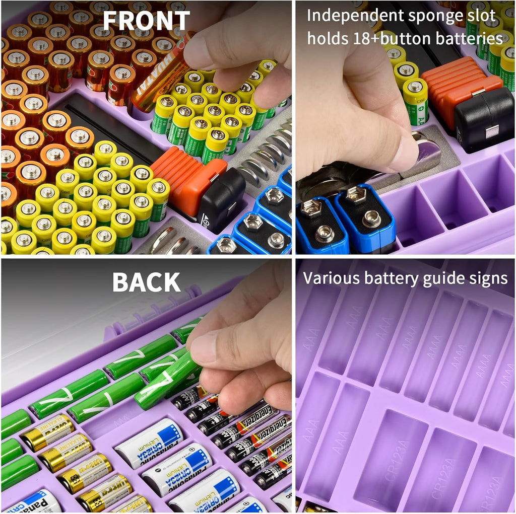 Battery Organizer Storage Holder Box Case with Tester- 269 Batteries Double-Sided Variety Pack, Holds AA AAA 4A C D Cell 9V 3V Lithium LR44 CR2 CR123 CR1632 18650 Button- Purple (Box Only)