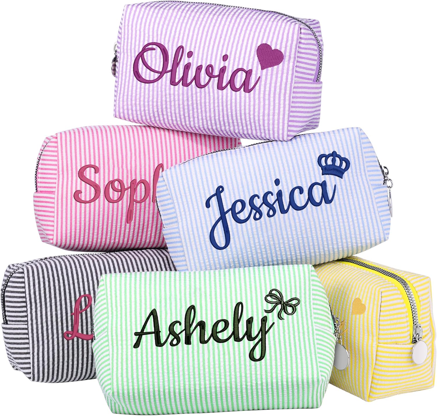 Personalized Seersucker Makeup Bag with Embroidered Name&Birth Flower,Custom Small Travel Cosmetic Bag Toiletry Bag Wedding Gifts for Bridesmaid Bride (4-Makeup Bag with Crown)