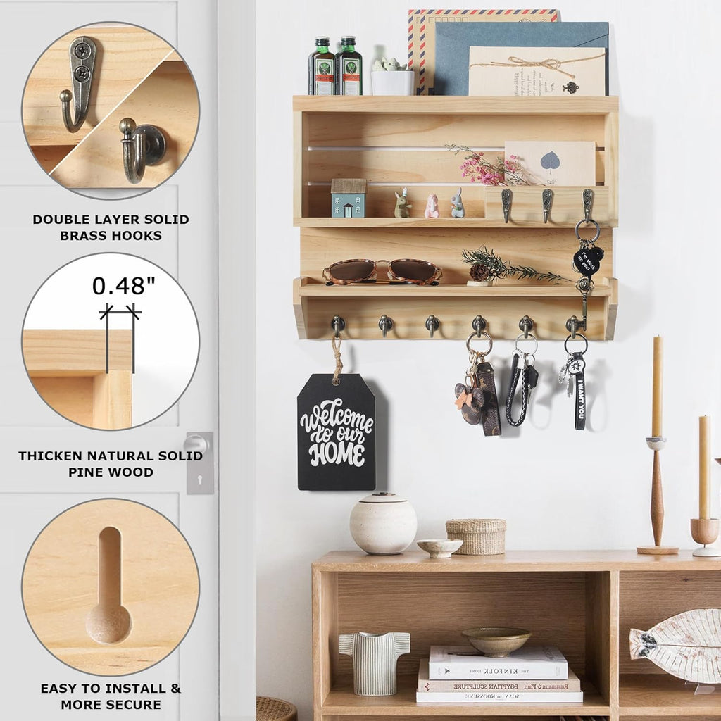 Innovation Key and Mail Holder for Wall, Key Holder Wall Mount, Mail Organizer with 9 Hooks, Natural Color