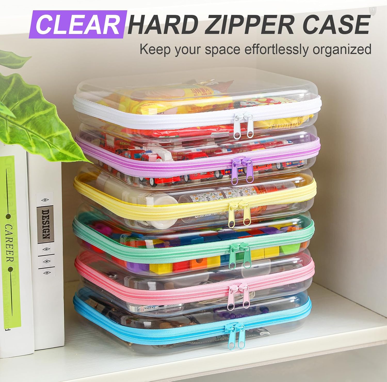 Sanwuta 6 Pcs Clear Hard Zipper Case Hard Plastic Zipper Pouches Transparent Makeup Bag Pencil Pouches for Travel Snacks Christmas Trinket Storage Organizer Box(Colorful,9.84 x 7.87 x 2 Inch)