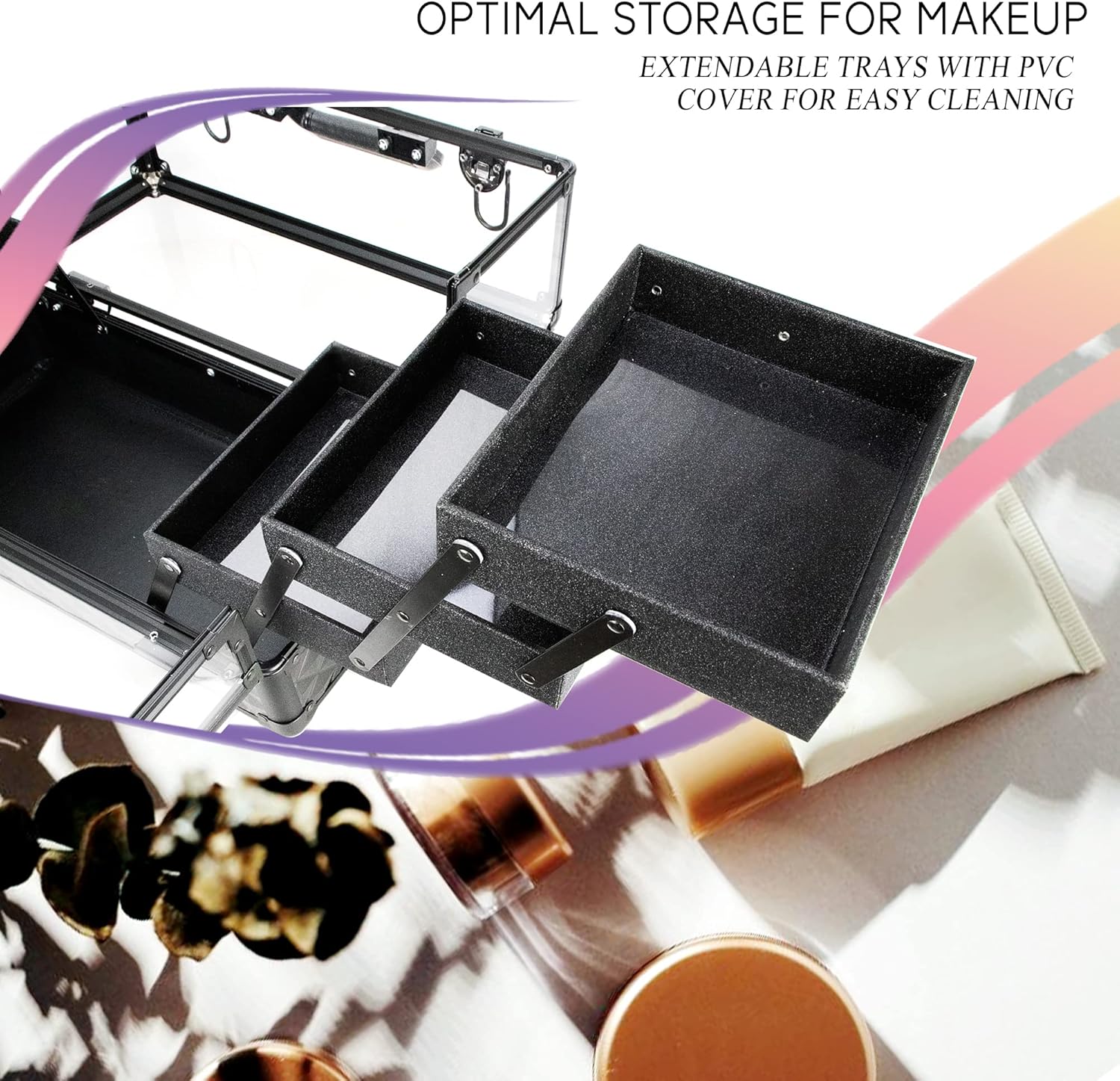 Ver Beauty Makeup Train Case 14 inch Armored Acrylic Large Portable Cosmetic Case 6 Trays Professional Storage Organizer Box Make Up Artist Jewelry Nail Kits Crafts Display Brush Holder- Black