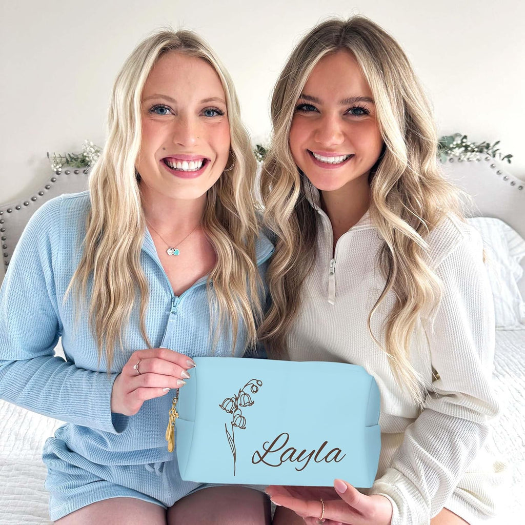 Personalized Makeup Bag with Name & Birth Flower, Custom Leather Cosmetic Bags for Women, Customized Travel Toiletry Bag Gifts for Bridesmaid Wedding