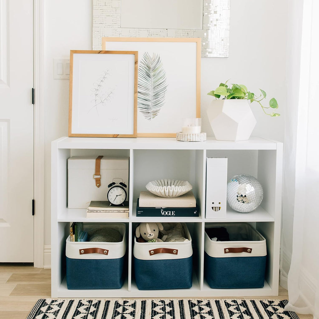 OrganiHaus Large Fabric Storage Baskets for Shelves 3 Pack, 15x11in Closet Storage Bins for Shelves, Canvas Baskets for Organizing, Linen Closet Organizers, Cloth Basket, Navy Blue/Off-White