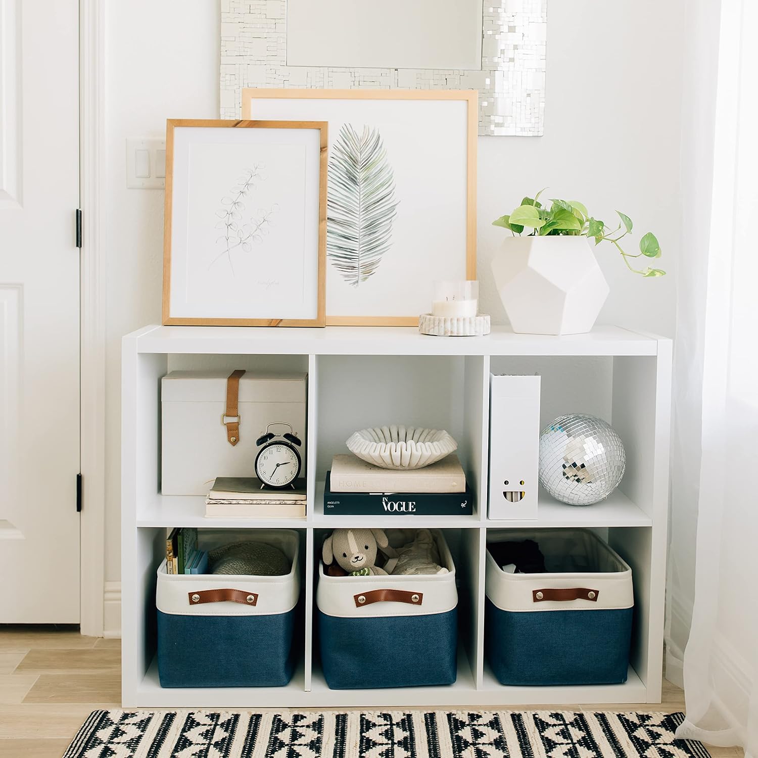 OrganiHaus Large Fabric Storage Baskets for Shelves 3 Pack, 15x11in Closet Storage Bins for Shelves, Canvas Baskets for Organizing, Linen Closet Organizers, Cloth Basket, Navy Blue/Off-White