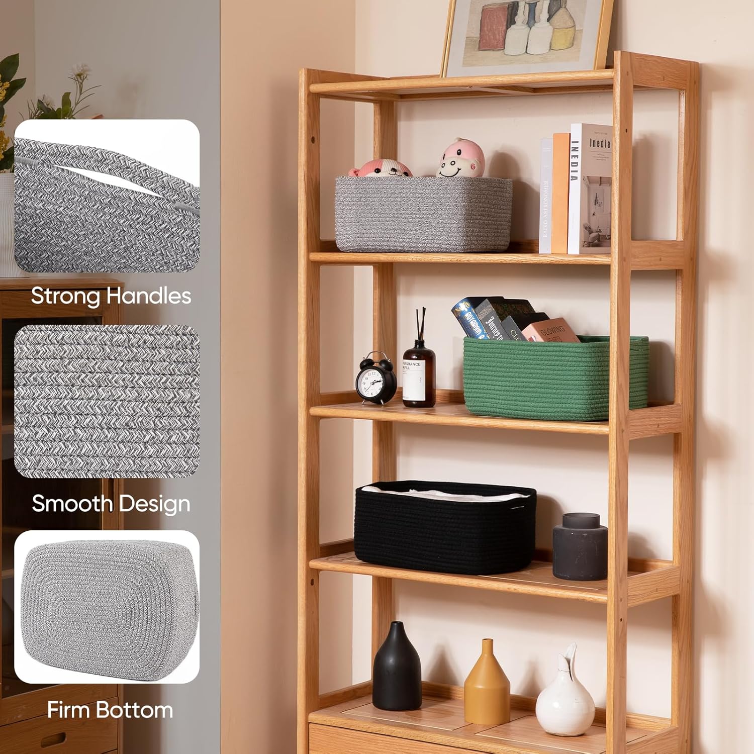 OIAHOMY 4 Pack 14.17*11.02*6.3IN Storage Baskets for Organizing Shelves, Woven Rope Baskets for Organizing Books, Clothes, Decorative Basket for Living Room, Nursery, Bedroom, Gift Basket, Grey