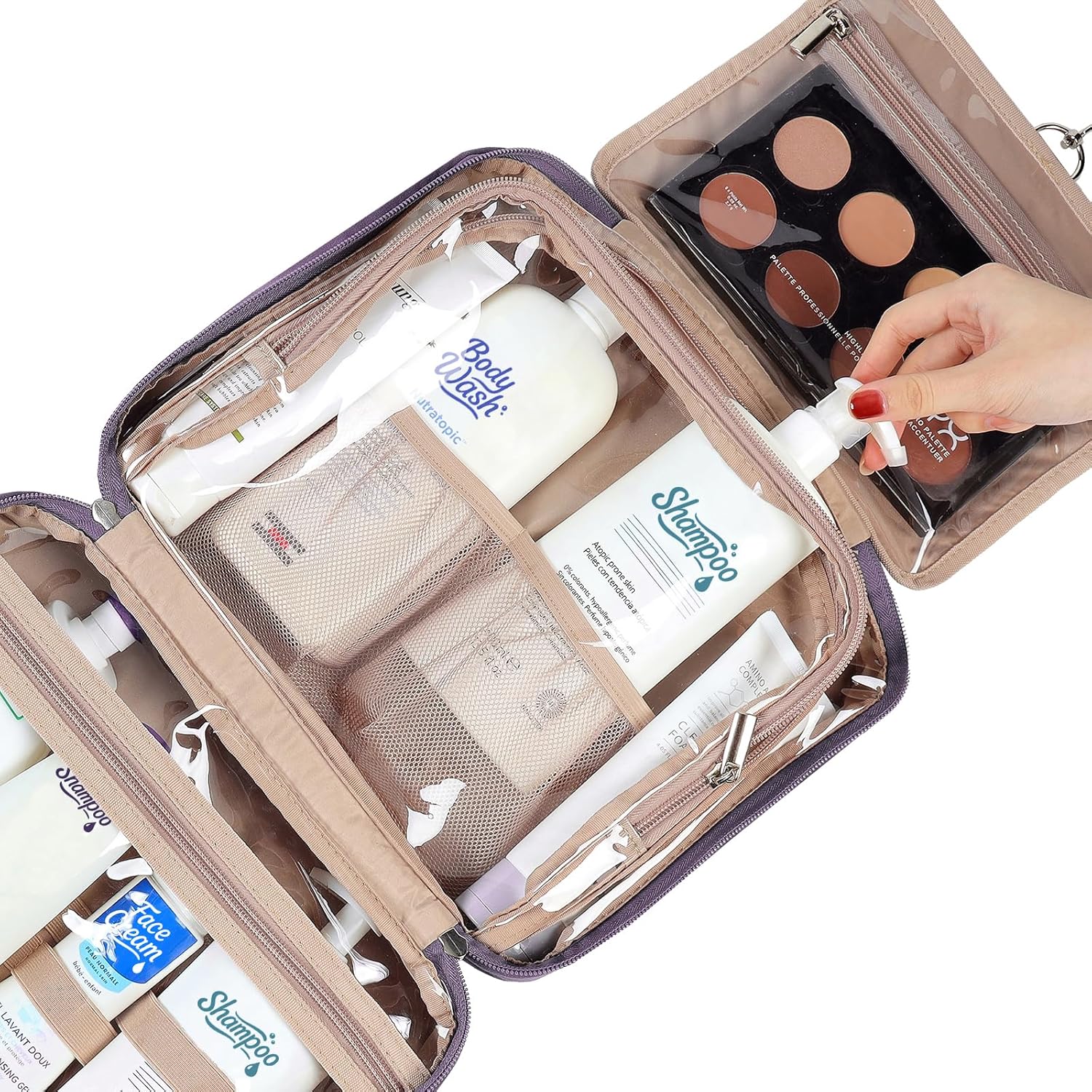 NISHEL Travel Toiletry Bag for Women, Makeup Essentials Organizer, Hanging Case for Accessories, Cosmetics, Large Size, Purple