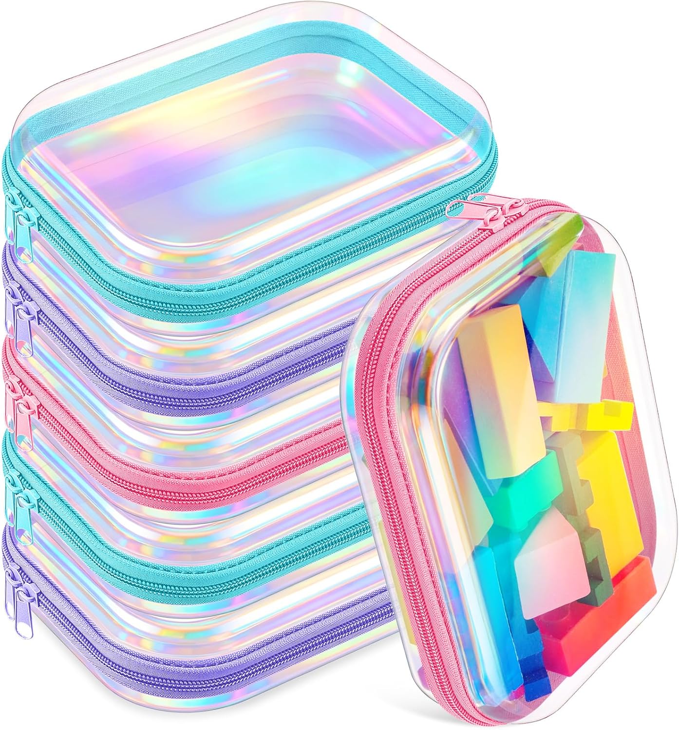 Sanwuta 6 Pcs Clear Hard Zipper Case Hard Plastic Zipper Pouches Transparent Makeup Bag Pencil Pouches for Travel Snacks Christmas Trinket Storage Organizer Box(Holographic,7.87 x 5.9 x 2 Inch)