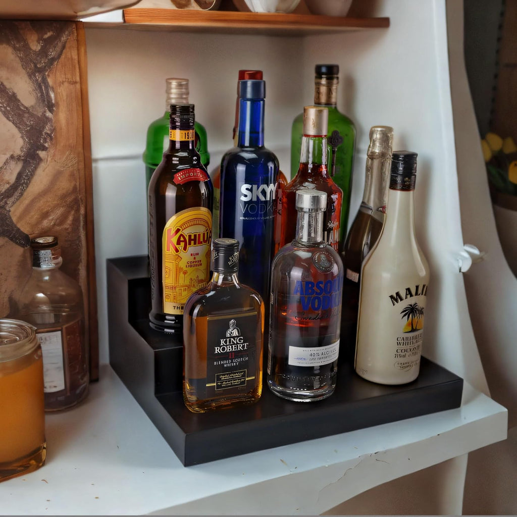 BARsics 3 Tiered Walnut Wood Liquor Bottle Shelf, Back Bar Riser Display 15x12x6 inch