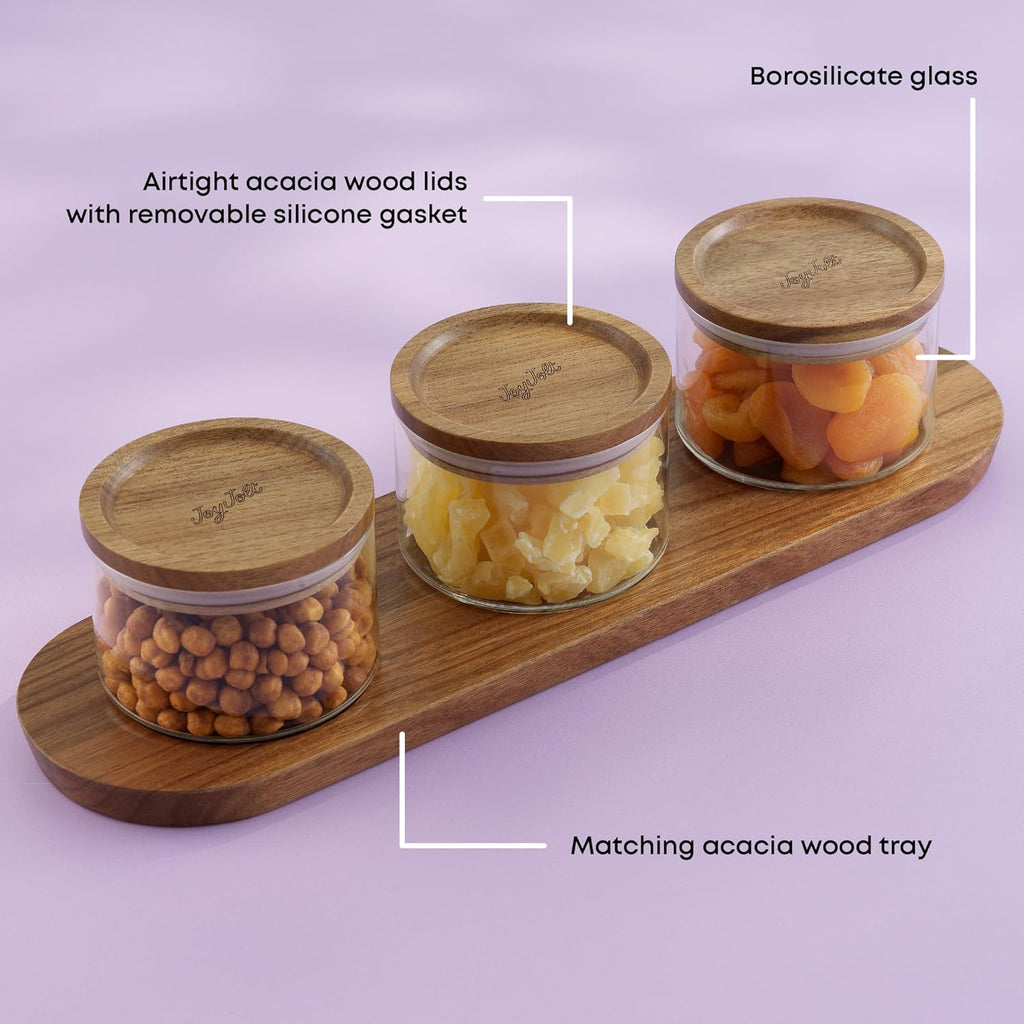 JoyJolt Holden 14oz Stackable Glass Storage Containers with Lids and Wooden Tray, Small Airtight Food Canister Set of 3 with Acacia Wood Lids, Round Clear Stacking Pantry and Kitchen Containers