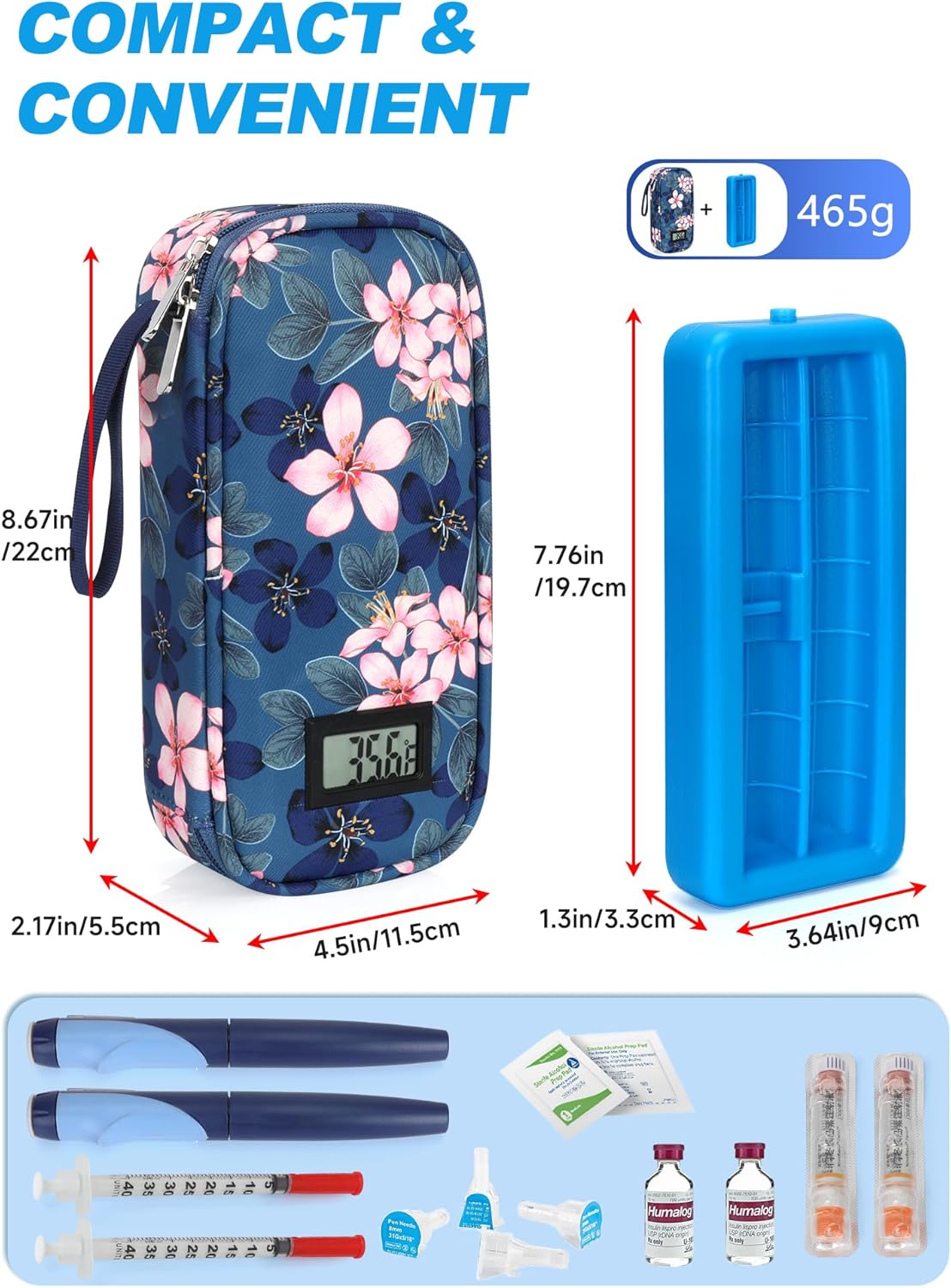 Insulin Cooler Travel Case with °F Display - TSA Approved Refrigerated Medicine Travel Bag with Protective Ice Brick, Long-Lasting Cooling for Vials and Pens (Magnolia)