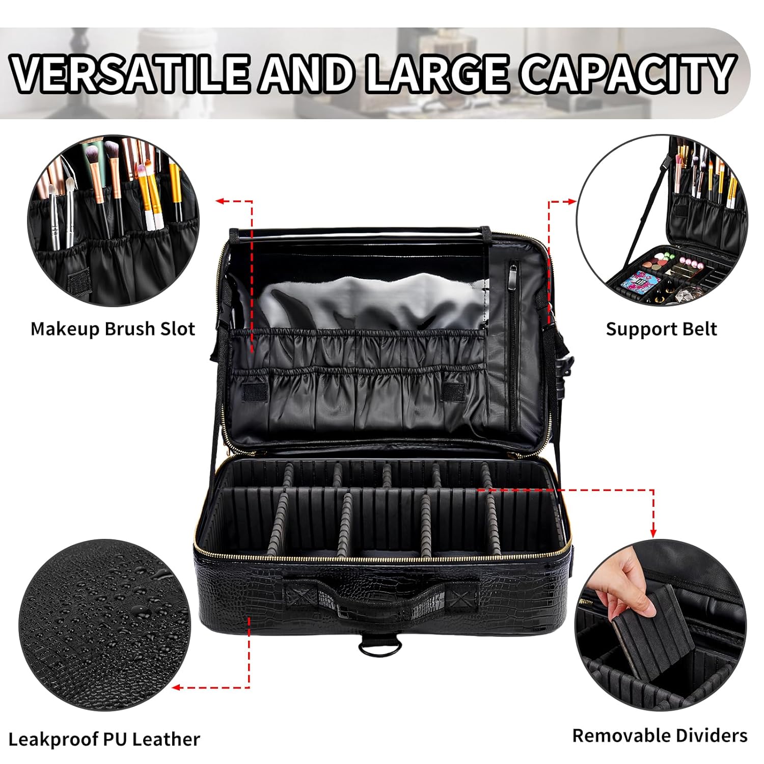 gzcz Large Capacity Travel Makeup Case Organizer,Professional Cosmetic Bags for Women,Waterproof PU Leather Makeup Bag with Adjustable Dividers and Shoulder Strap for Brushes and Jewelry