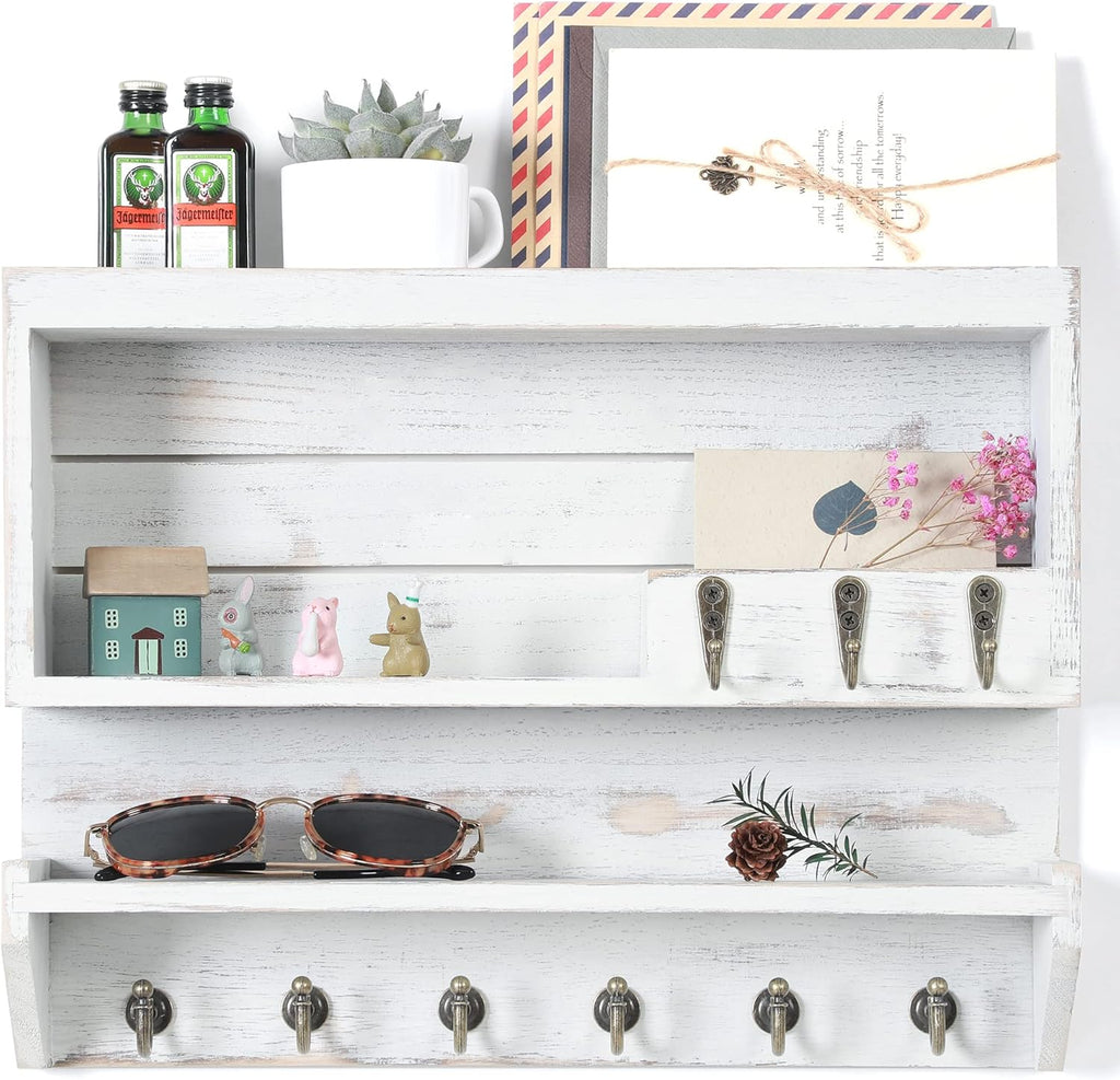 Innovation Key and Mail Holder for Wall, Key Holder Wall Mount, Mail Organizer with 9 Hooks, Ivory