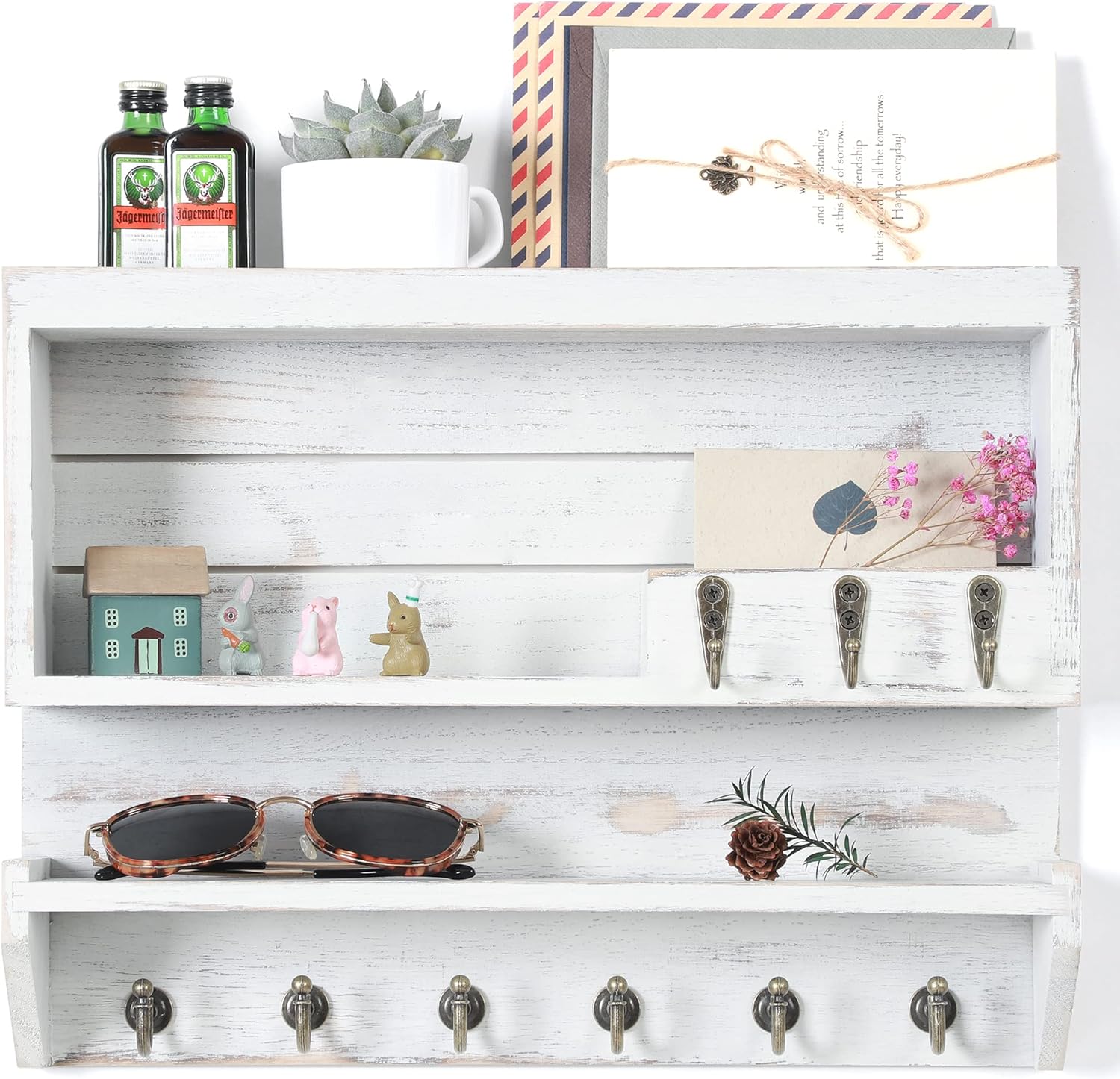 Innovation Key and Mail Holder for Wall, Key Holder Wall Mount, Mail Organizer with 9 Hooks, Ivory