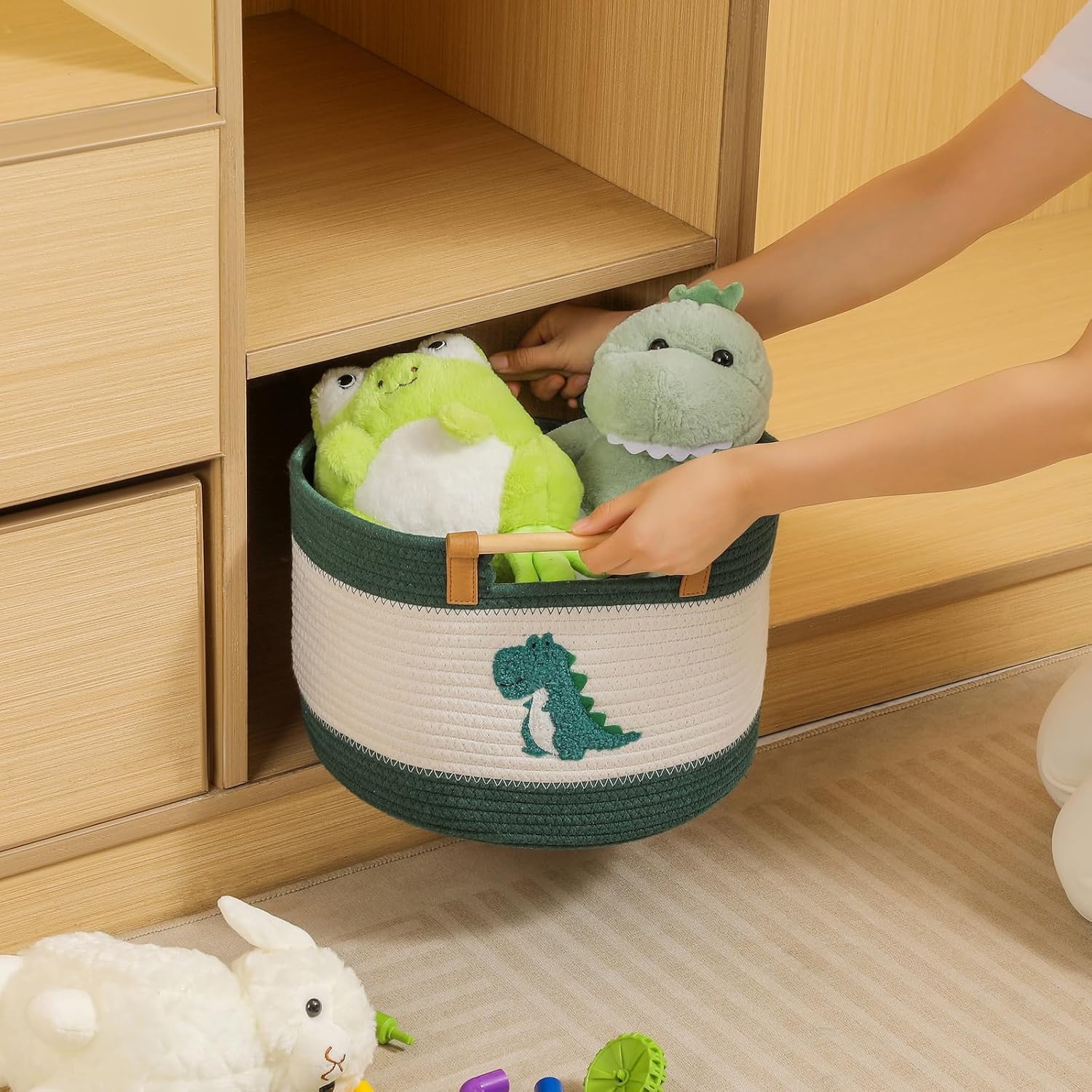 Cotton Rope Baskets for Kids Stuffed Animal Toys Storage for Nursery, Baby Baskets for Gifts Empty, Woven Basket with Wooden Handles Blanket Towel Toy 0rganizer Kids Blanket Storage Bins (Dinosaur ）