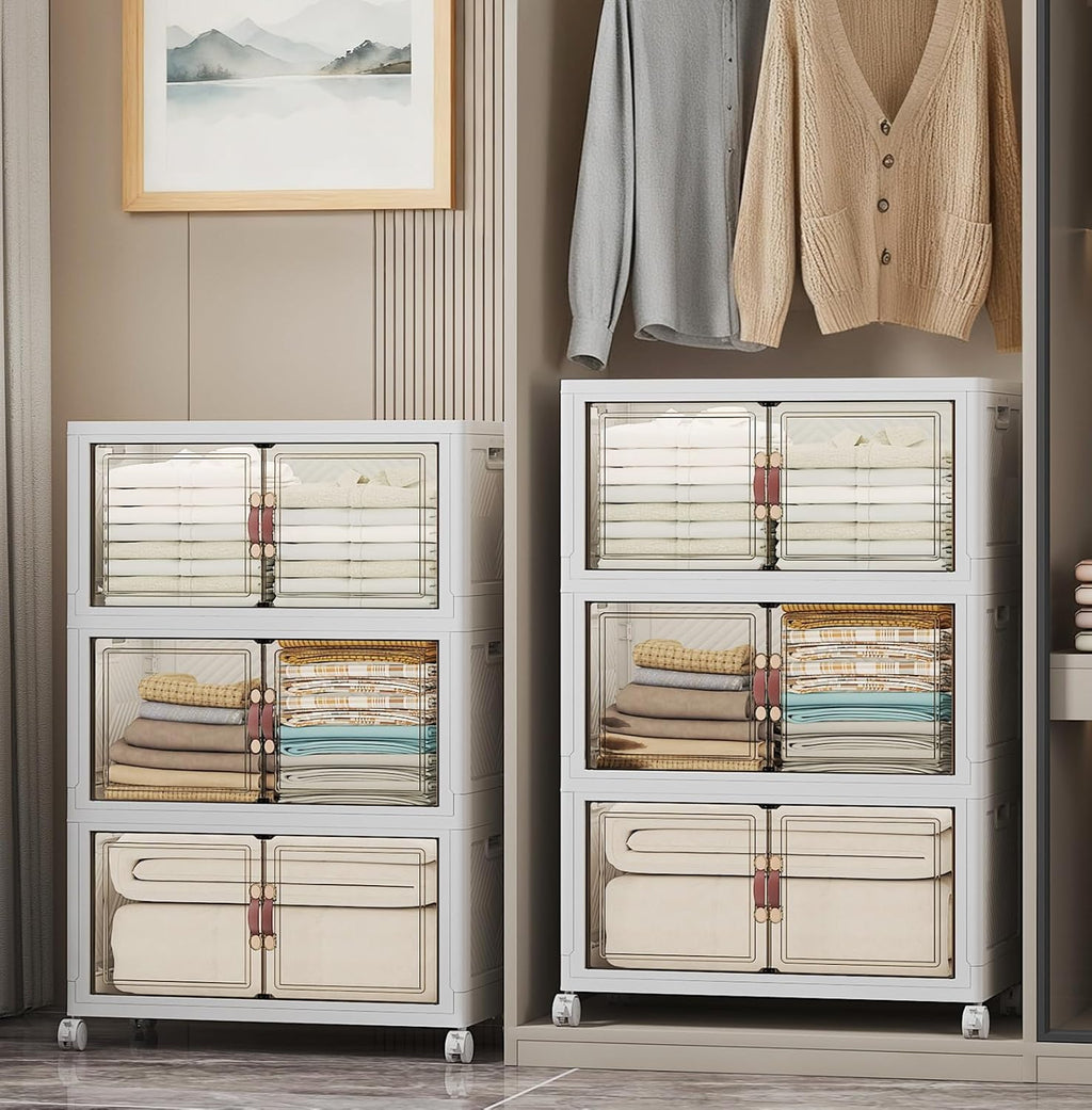 Extra Large Stackable Storage Bins with Lids & Wheels & Door, 672QT-112QT/28GAL*6Pack Foldable Collapsible Closet Organizers, Plastic containers drawers for bedroom Dorm