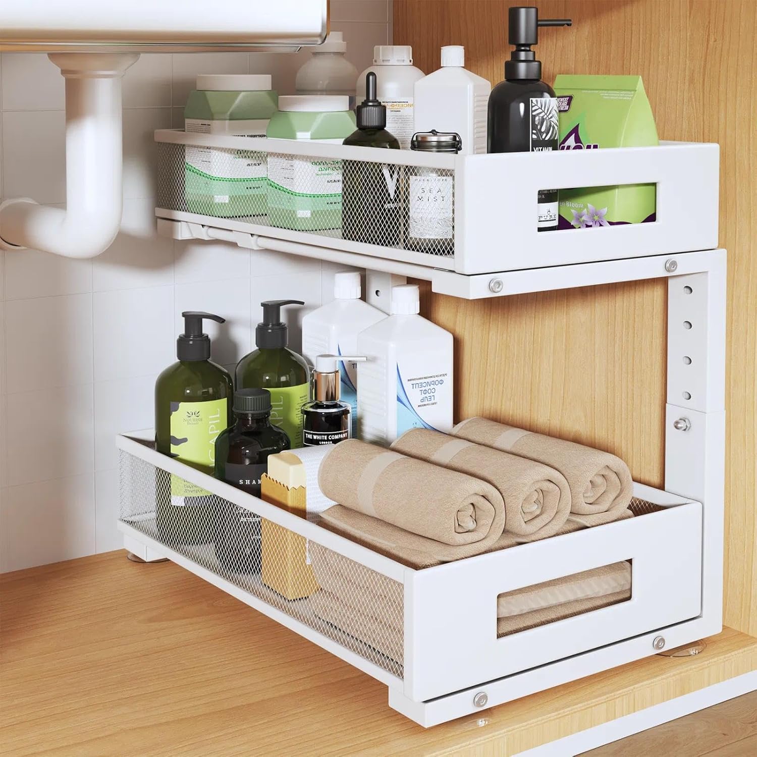 1 Pack 17IN Depth Under Sink Organizer, 2-Tier Pull Out Cabinet Organizer With Smooth Circular Rail, Large Capacity Metal Mesh Sliding Drawers For Bathroom& Kitchen Storage,Height Adjustable –White