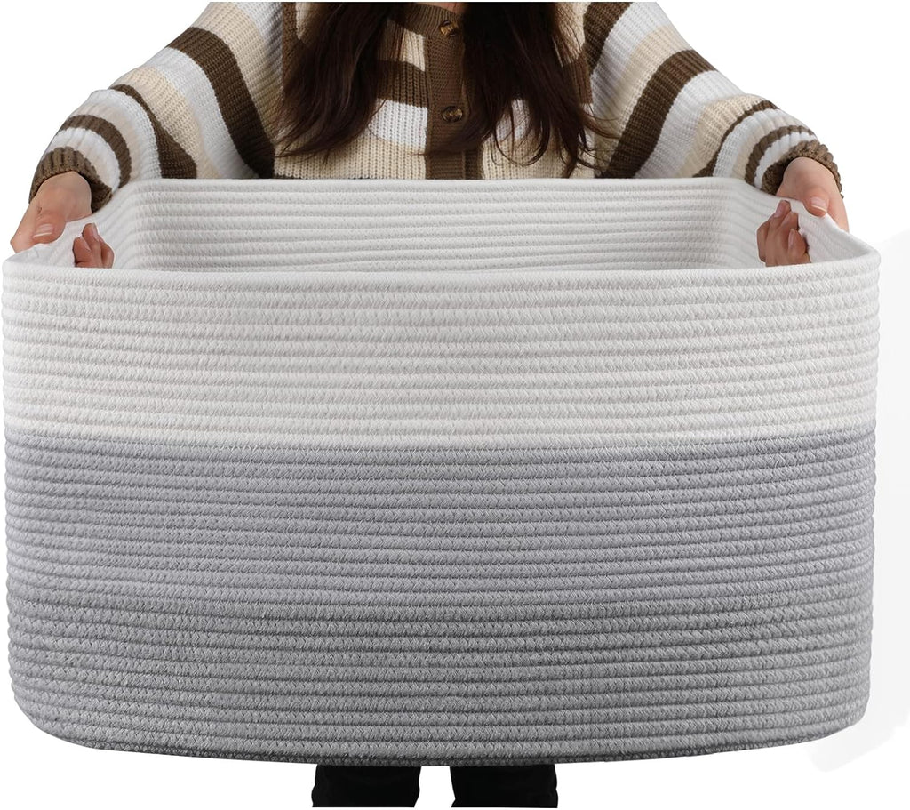 OIAHOMY Large Blanket Basket, 22”x17”x12” Rectangle Woven Baskets, Nursery Blanket Storage Living Room, Toy Storage With Handle, Large Baskets for Organizing-Gradient Grey
