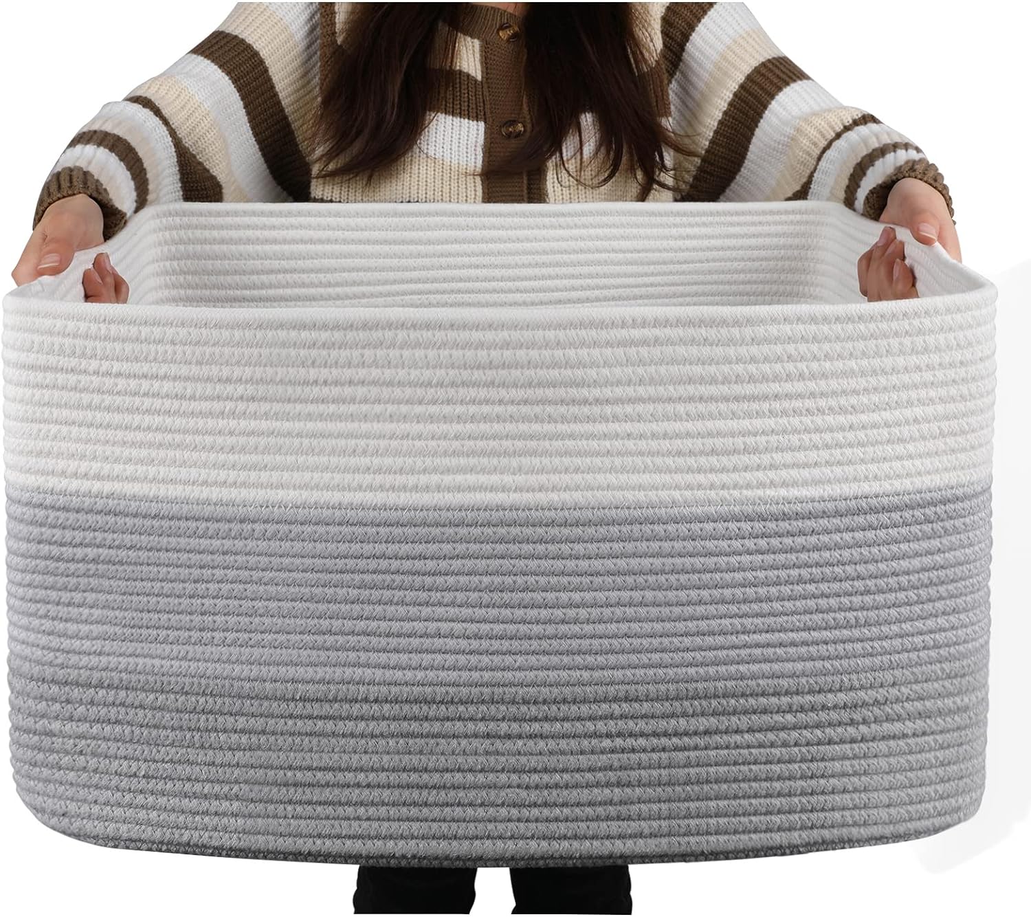 OIAHOMY Large Blanket Basket, 22”x17”x12” Rectangle Woven Baskets, Nursery Blanket Storage Living Room, Toy Storage With Handle, Large Baskets for Organizing-Gradient Grey