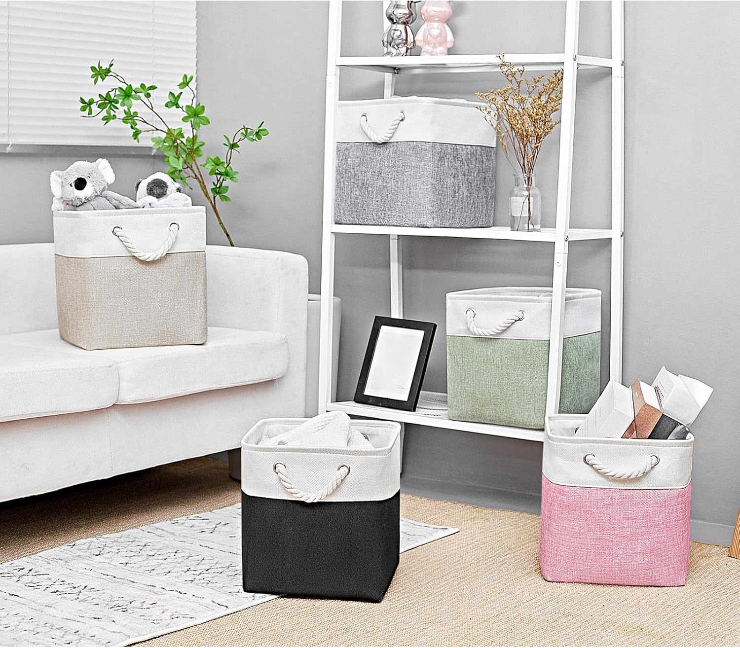Fabric Storage Cubes, 11 inch cube storage bin with Handles, 11x11cube storage organizer bins, Collapsible Storage Bins for Shelves and Home, Cubby Storage Bins (white-khaki, 10.5x10.5x11in)