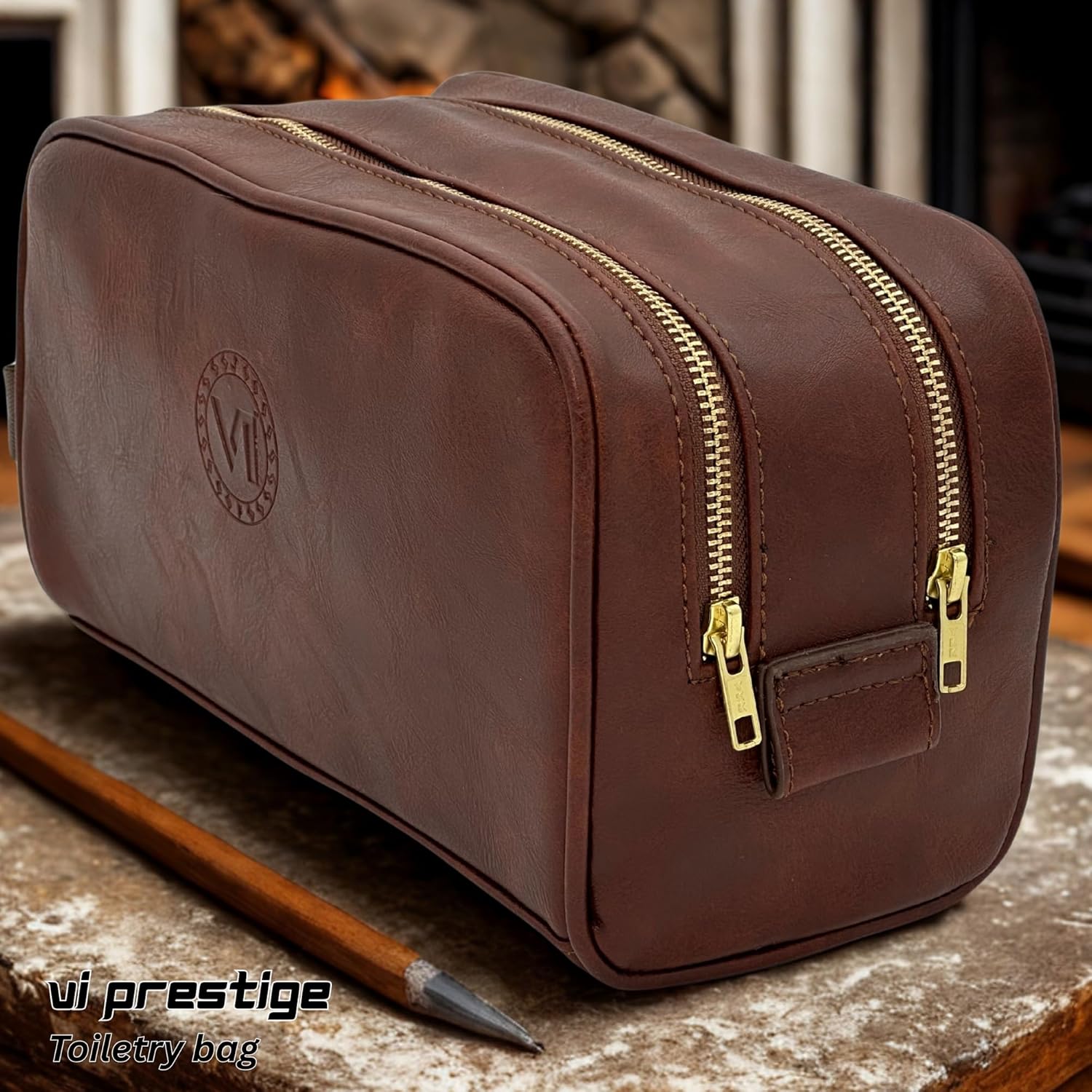 Dopp Gift Large Travel Toiletry Bag Premium Quality PU Leather Two compartments YKK Zippers Water-resistant Bottom Studs Mesh Pockets Durable Cosmetic Organizer DARK BROWN