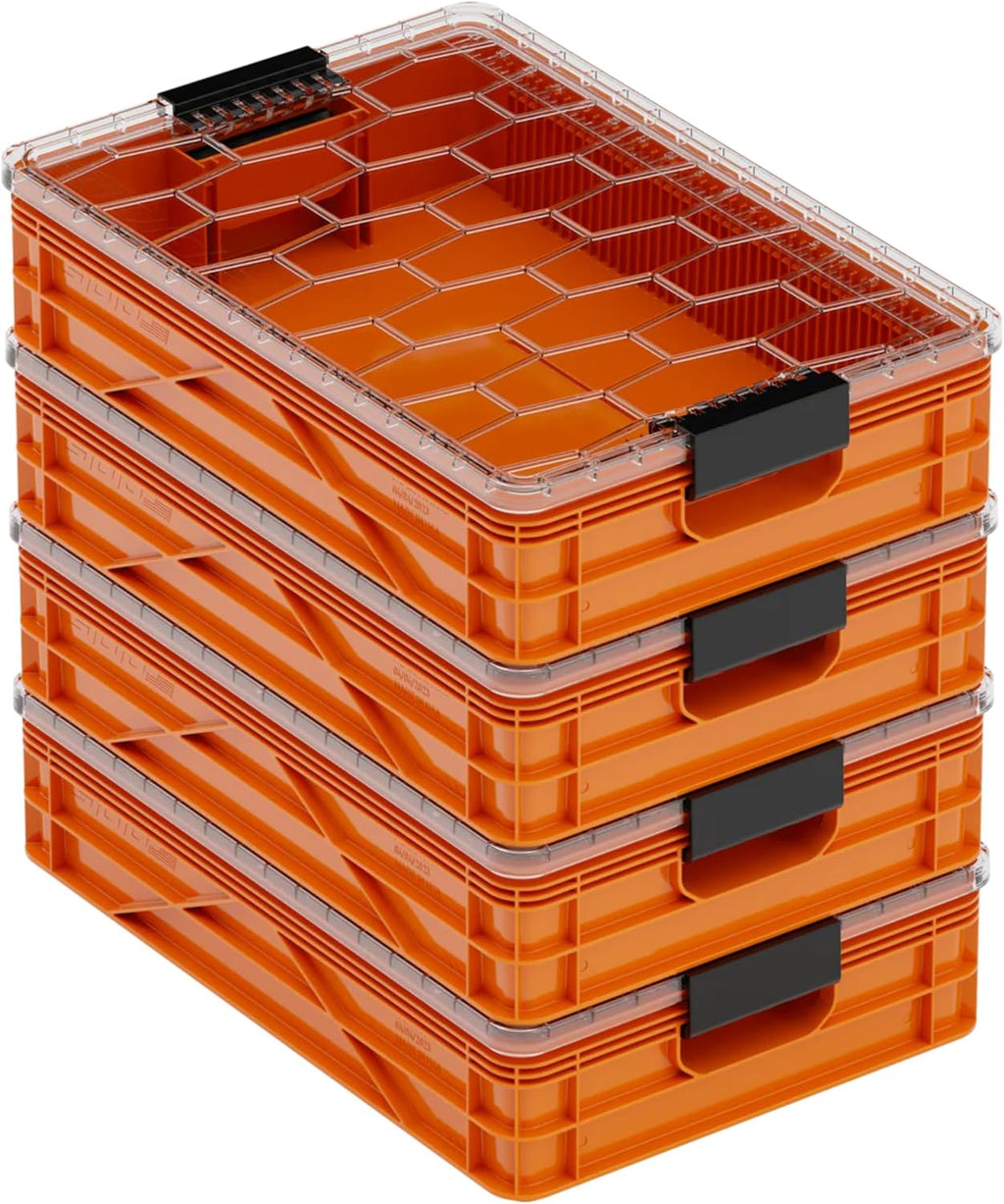 SIDIO Quarter Crate 4 Pack of Stackable Storage Bins - Organizer Bins with Dividers for Garage Organization, Home Storage - Heavy Duty Plastic Containers - 19.16” x 12.75”x 4.57” (Orange)