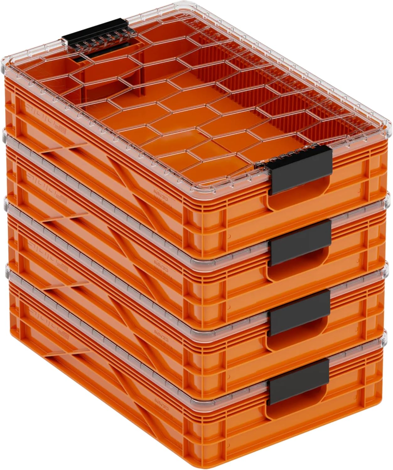 SIDIO Quarter Crate 4 Pack of Stackable Storage Bins - Organizer Bins with Dividers for Garage Organization, Home Storage - Heavy Duty Plastic Containers - 19.16” x 12.75”x 4.57” (Orange)