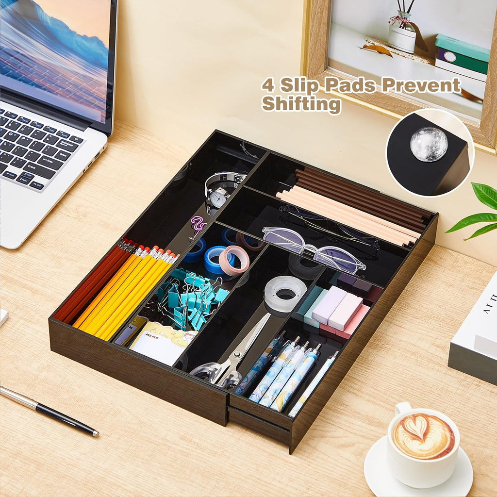 1 Pcs Acrylic Drawer Organizer 9'' up to 18'' x 15'' x 2'' Expandable Drawer Organizer Pens Notebook Ruler Makeup Tray with 7 Adjustable Compartments for Desk Office Kitchen Bathroom(Black)
