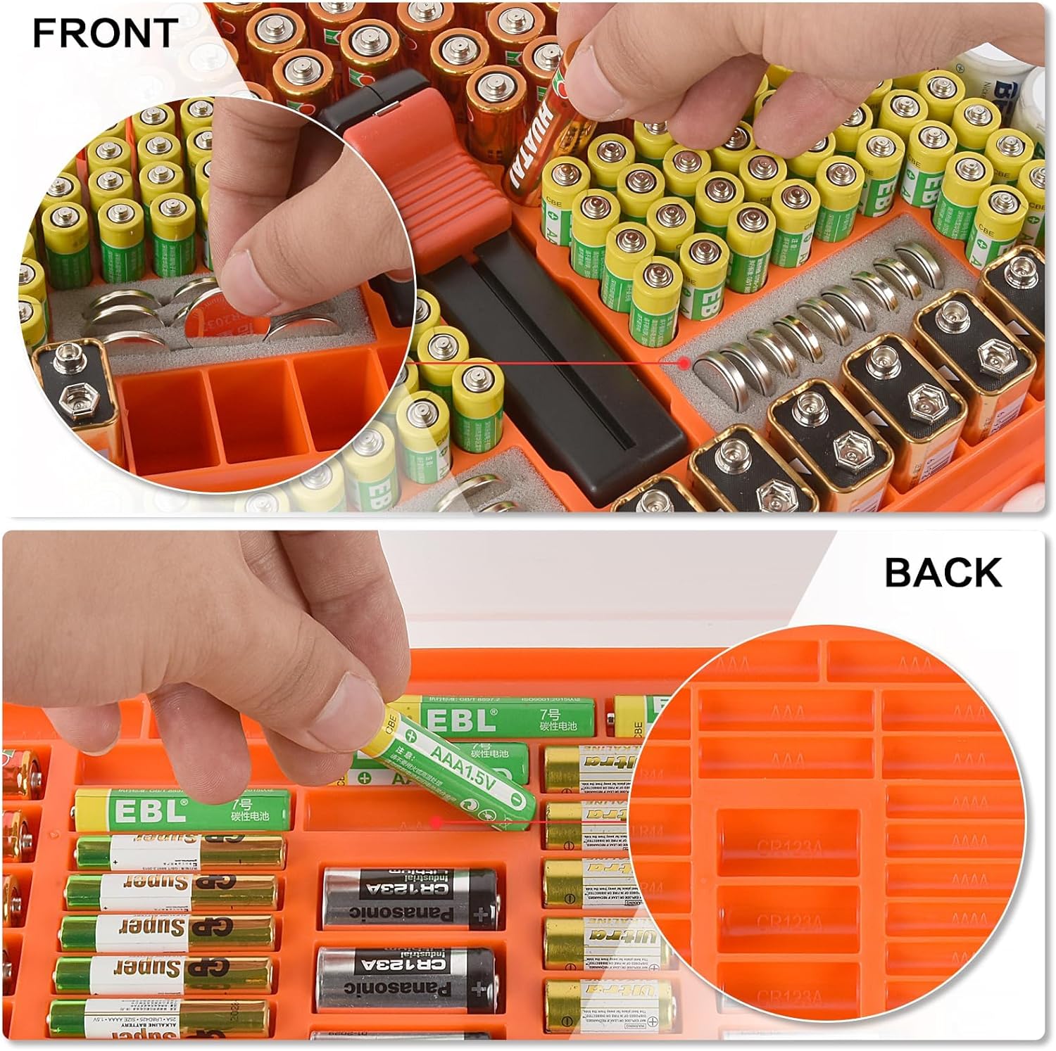 Battery Organizer Storage Holder Case with Double-Sided, Garage Box with Tester Checker. Batteries Container for 269pcs AA AAA AAAA 3A 4A 9V C D Lithium 4LR44 CR2 CR123A CR1632 CR2032 18650 - Orange